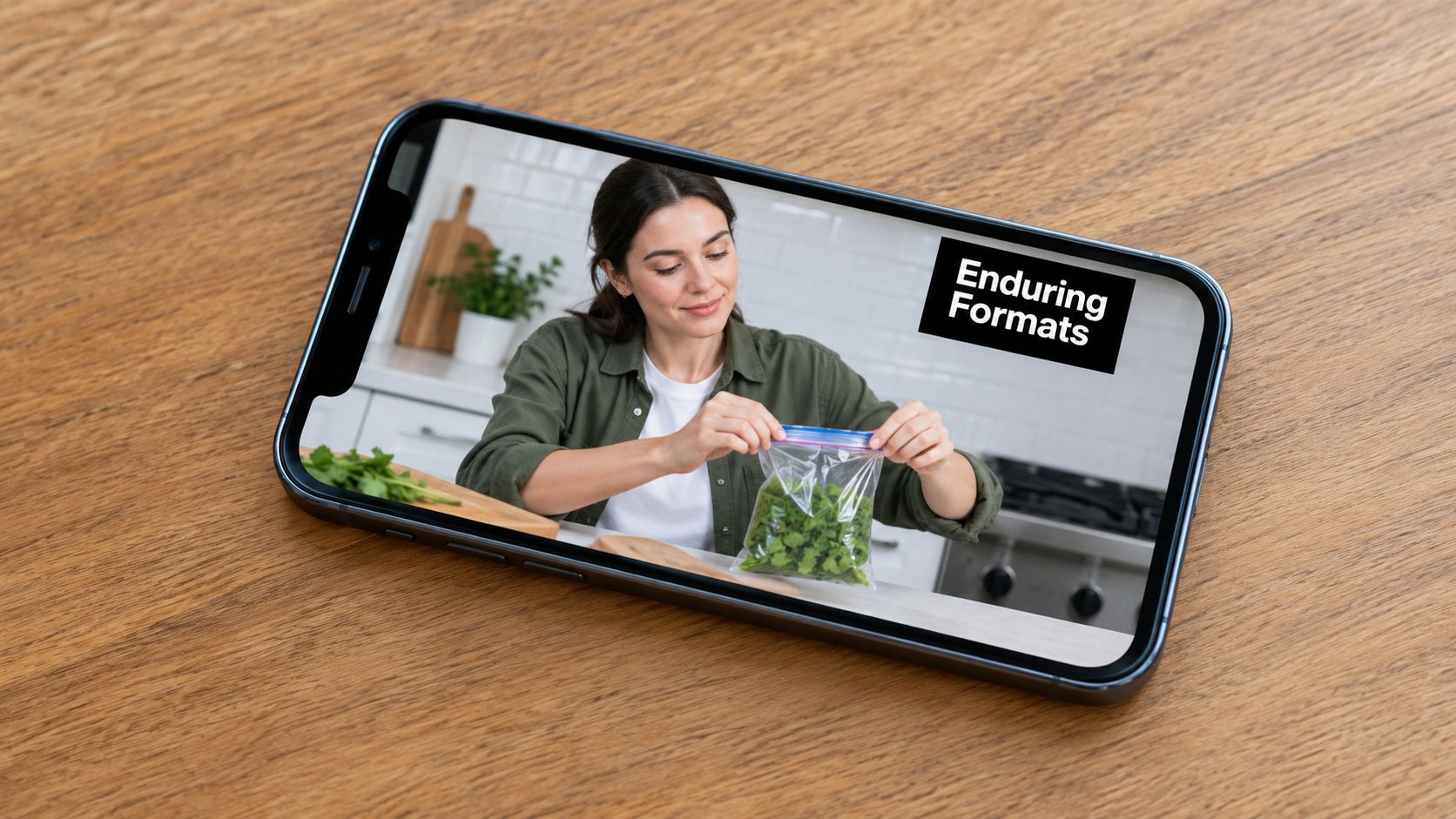 A smartphone on a wooden table displaying a video of a woman packing fresh herbs in kitchen.