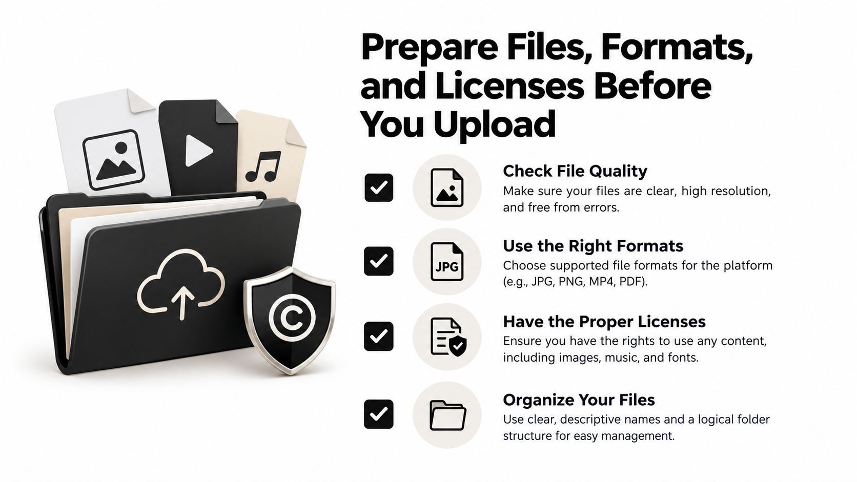 An infographic titled Prepare Files, Formats, and Licenses Before You Upload with checklist steps for digital creators.