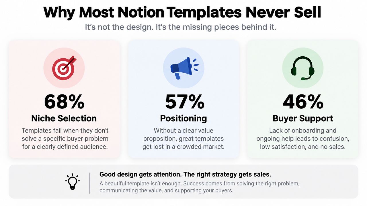A graphic explaining why most Notion templates fail to sell, focusing on niche selection, positioning, and support.