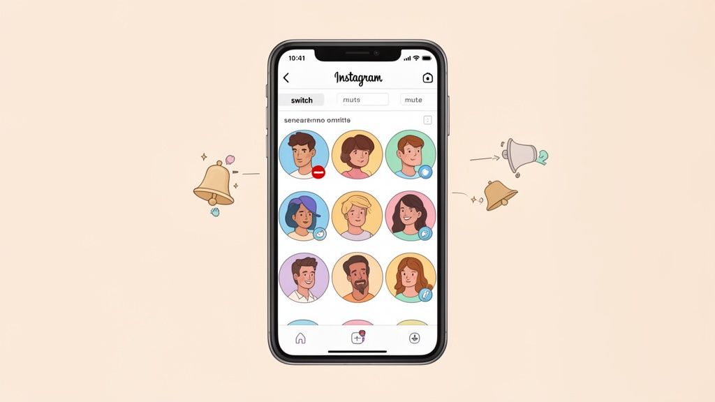 Instagram app on a phone with multiple user profiles for switching accounts, and notification symbols.