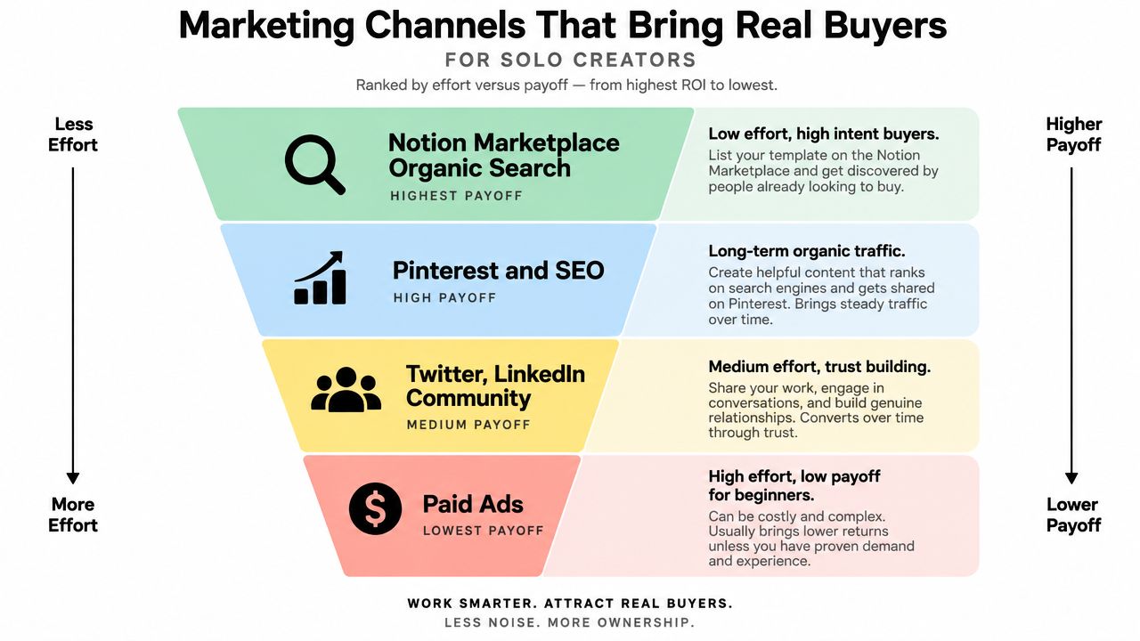 A funnel infographic showing marketing channels for solo creators ranked by effort versus payoff for selling products.
