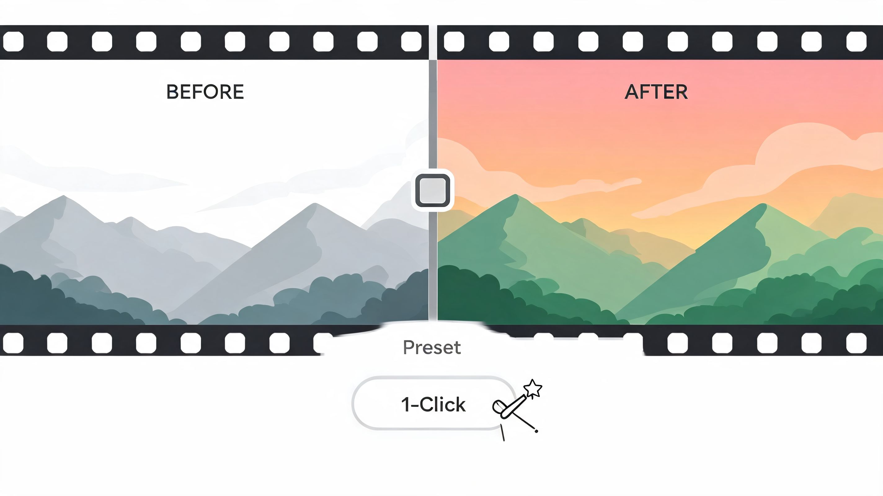 A split-screen comparison showing a grayscale mountain landscape before and after applying a vibrant sunset color preset.