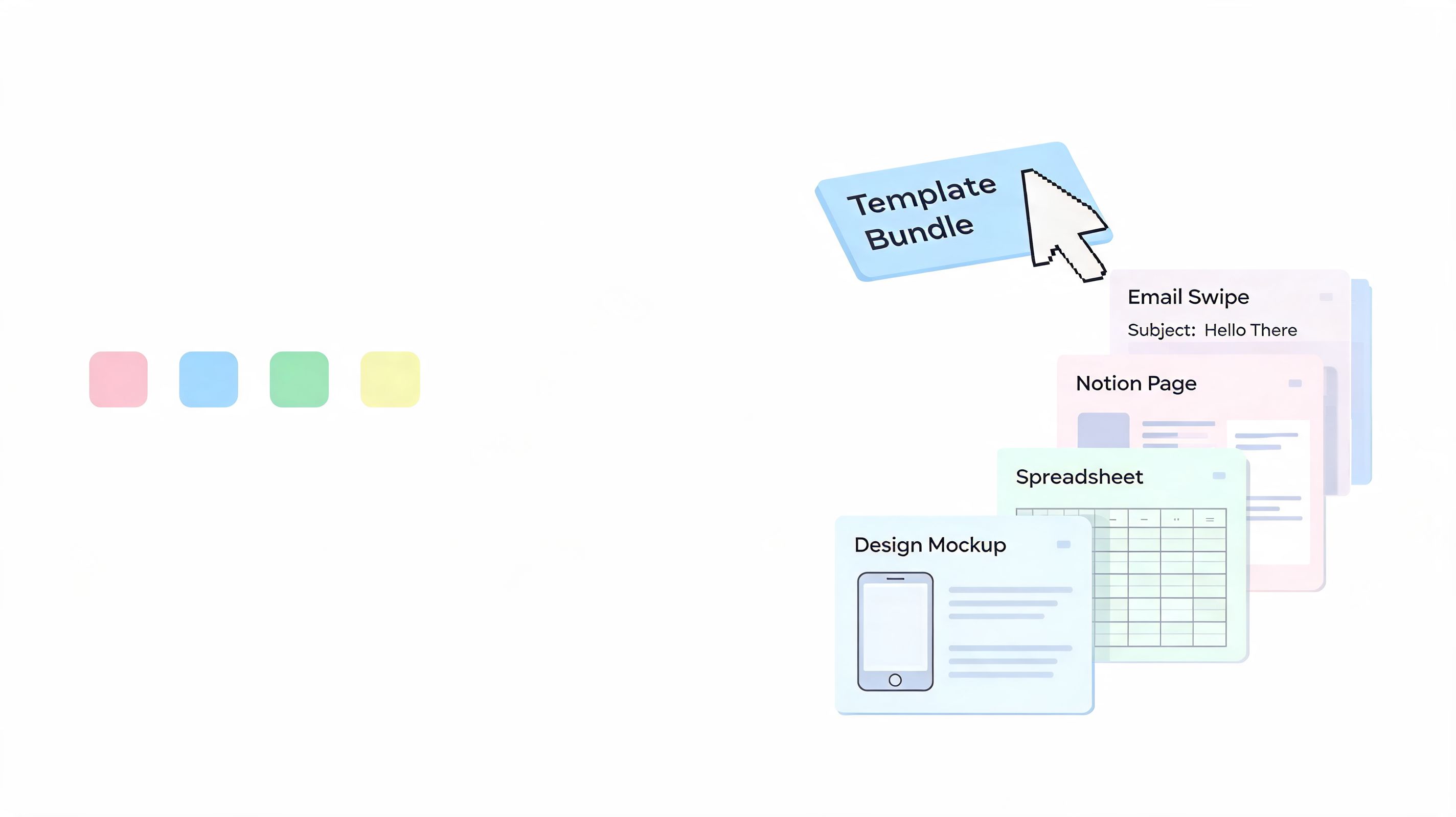 A digital template bundle including an email swipe, Notion page, spreadsheet, and design mockup for creative projects.