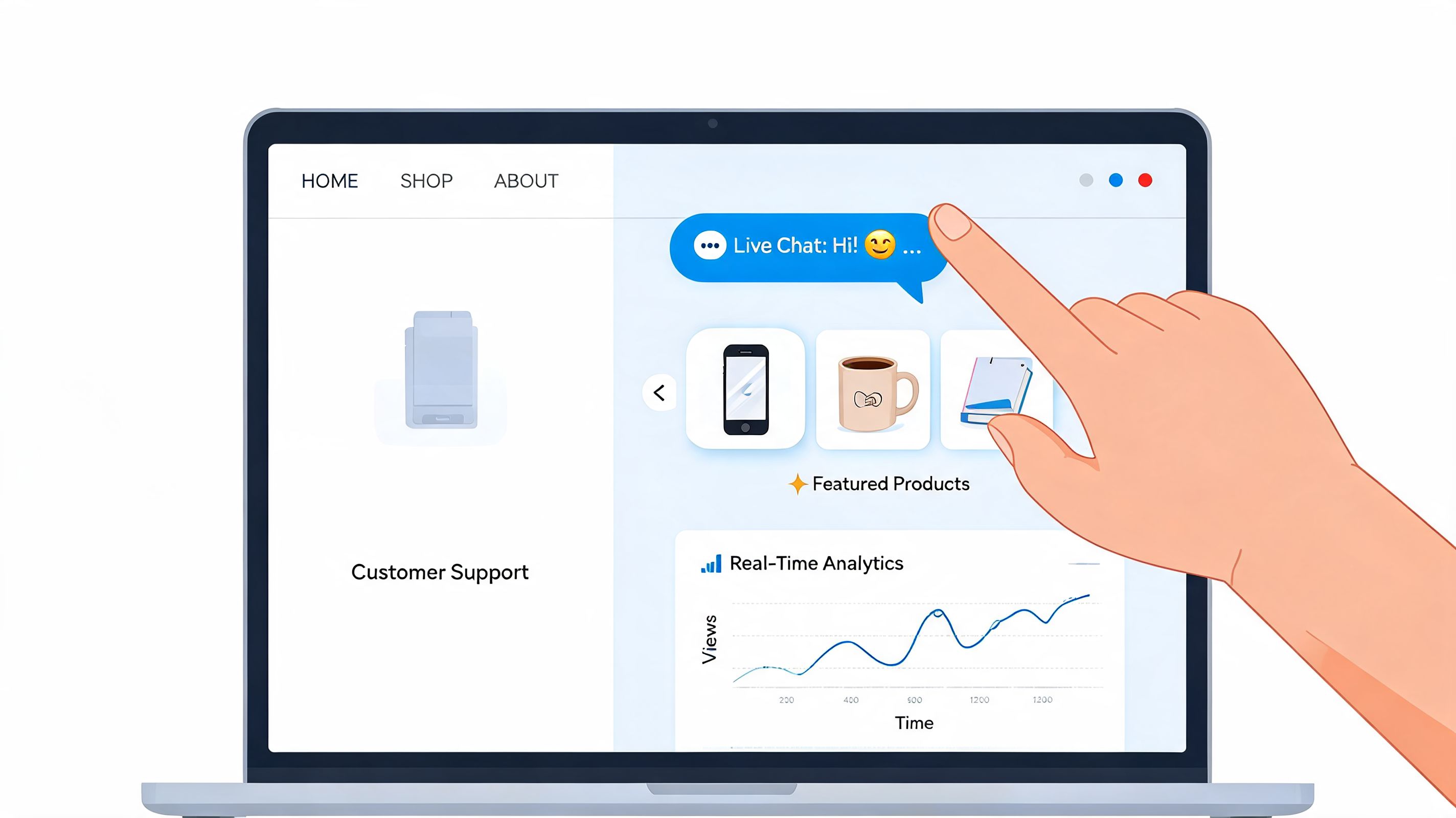 A hand interacting with a website interface displaying customer support, product listings, and real-time analytics data.