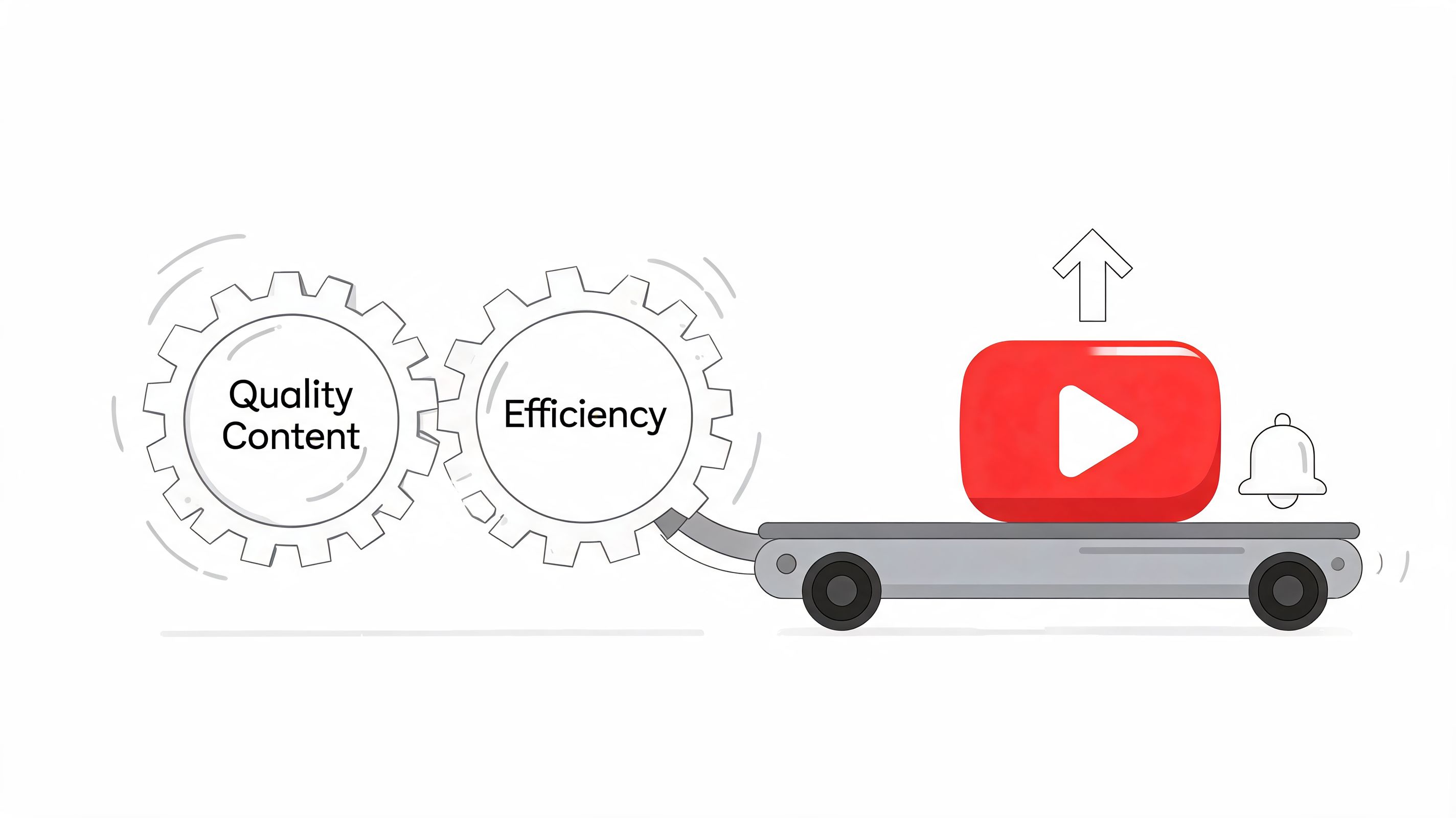 An illustration showing two connected gears labeled Quality Content and Efficiency driving a platform with YouTube branding.