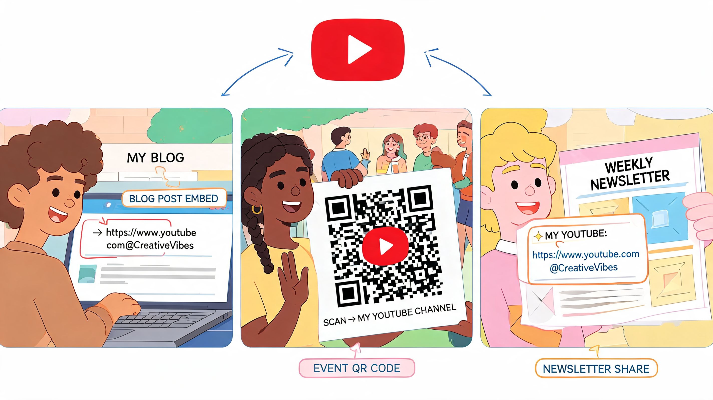 An illustration showing three different ways to share a YouTube channel link via blog, QR code, and newsletter.