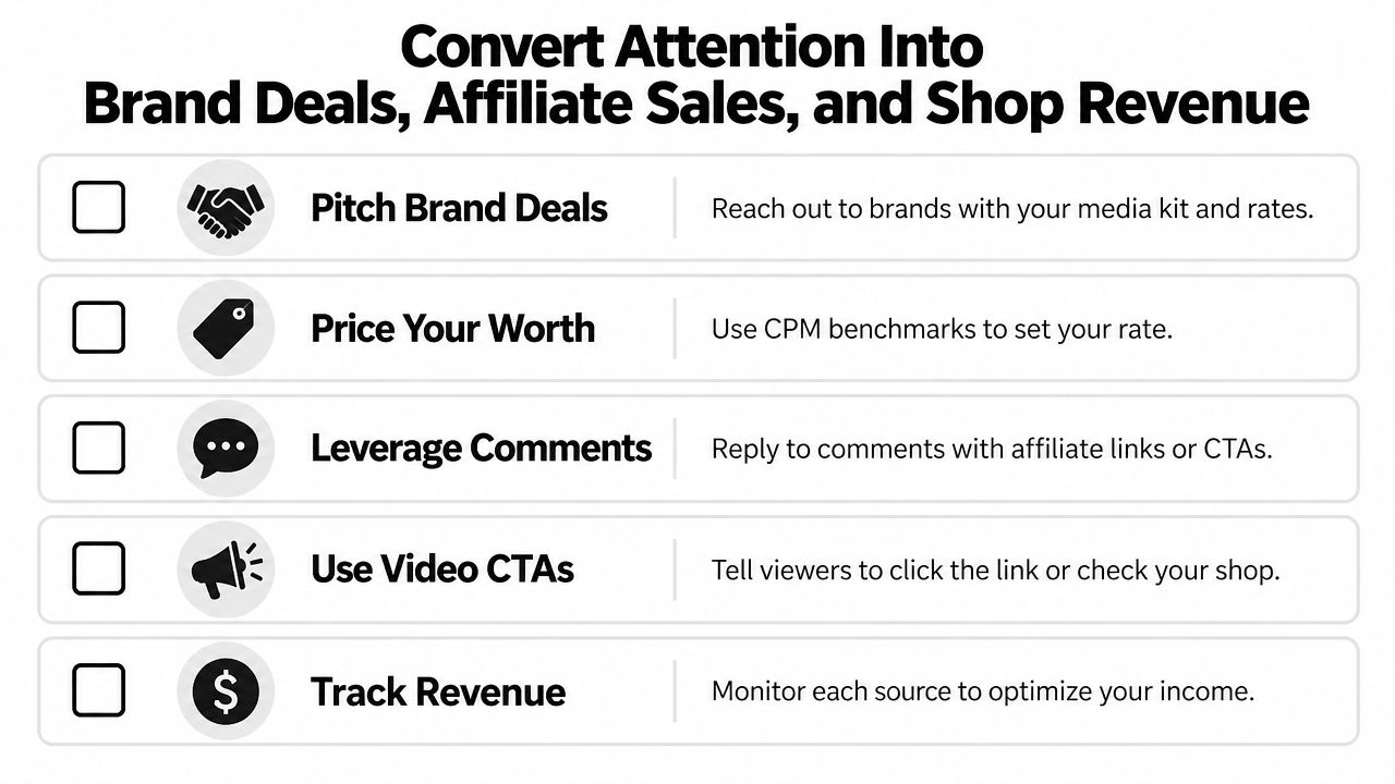 A checklist showing five strategic steps to generate revenue through brand deals, affiliate sales, and shop income.