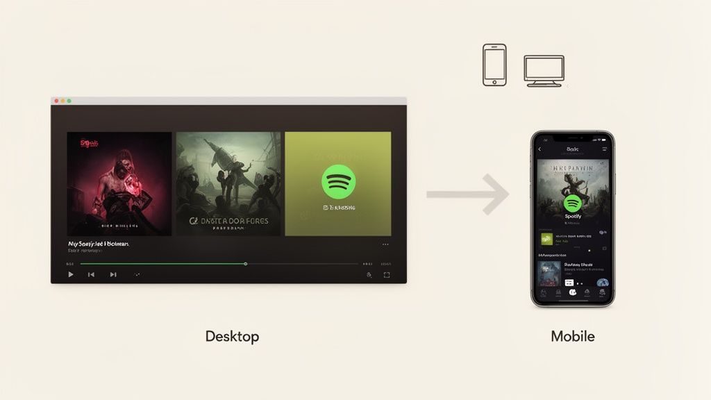 A visual comparison of Spotify's user interface adapted for desktop and mobile devices.