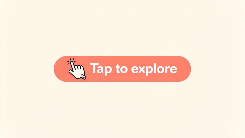 A coral button with a hand cursor icon and 'Tap to explore' text on a light background.