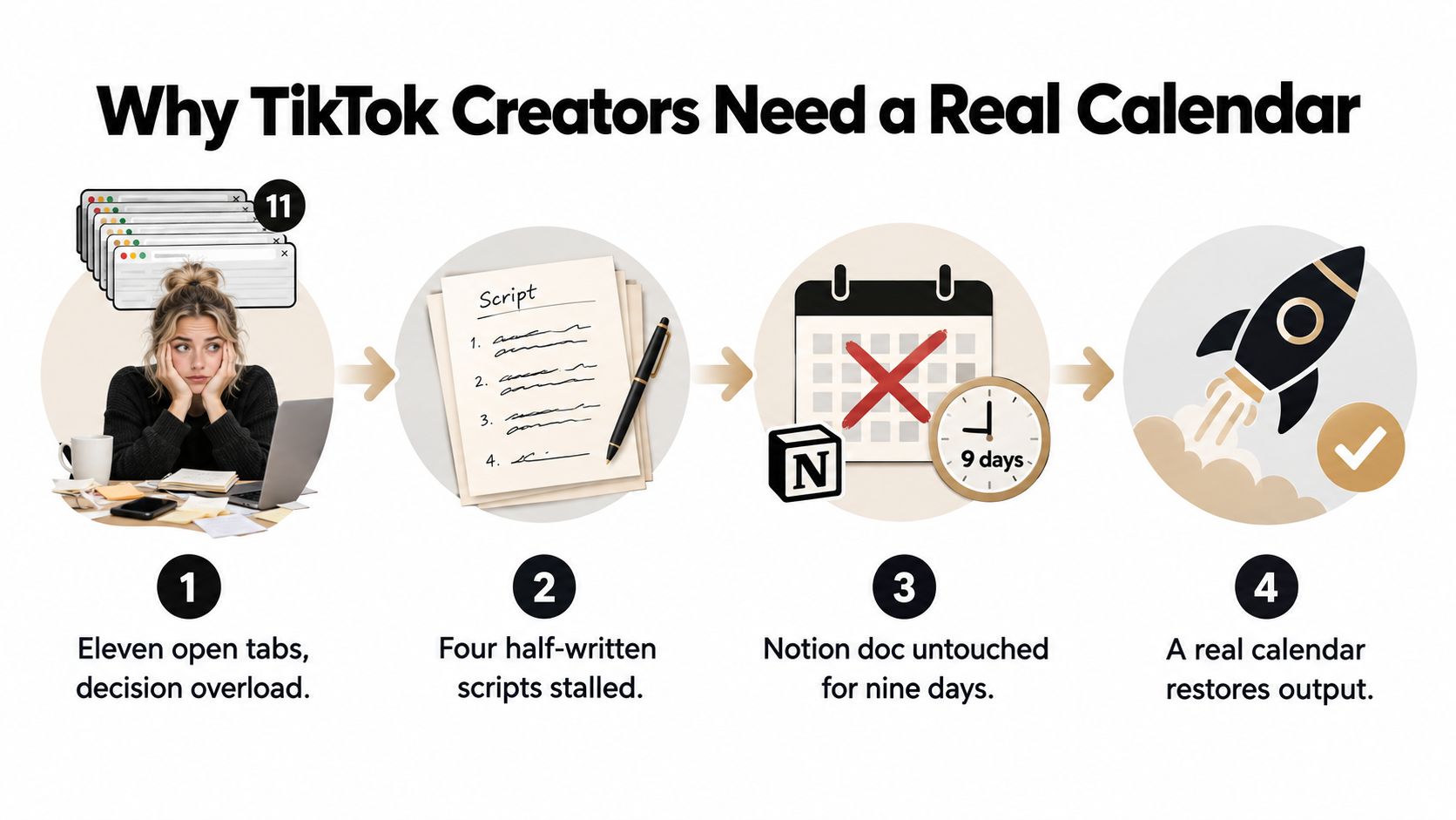 A four-step infographic showing how a real calendar helps TikTok creators overcome planning and workflow obstacles.