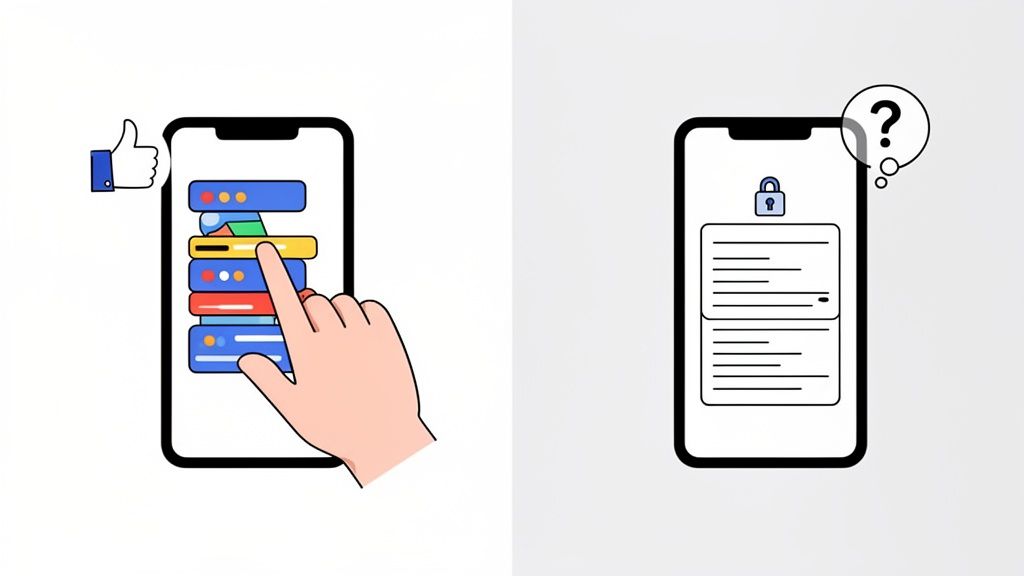 Mobile screens showing interactive website building with drag-and-drop elements and a locked, secure page.
