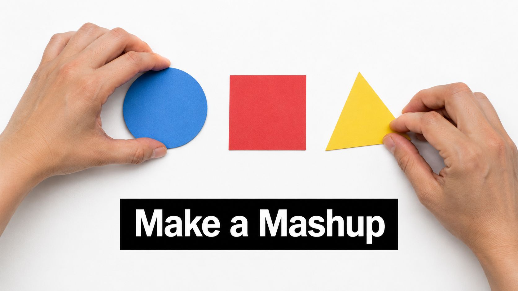 Two hands arranging a blue circle, red square, and yellow triangle on a white surface.