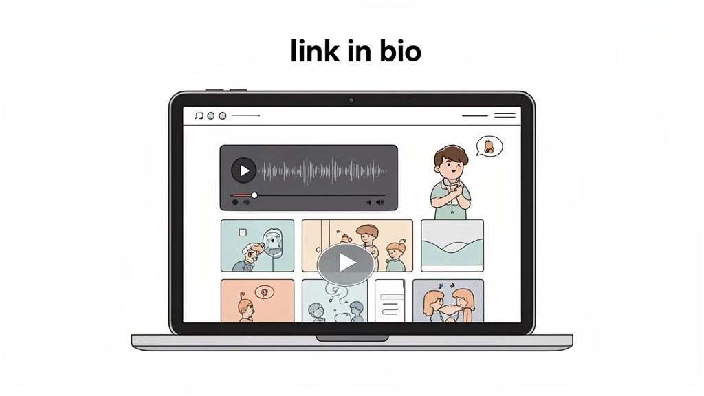 Cartoon laptop displaying a website with a music player, various content, and "link in bio" text.