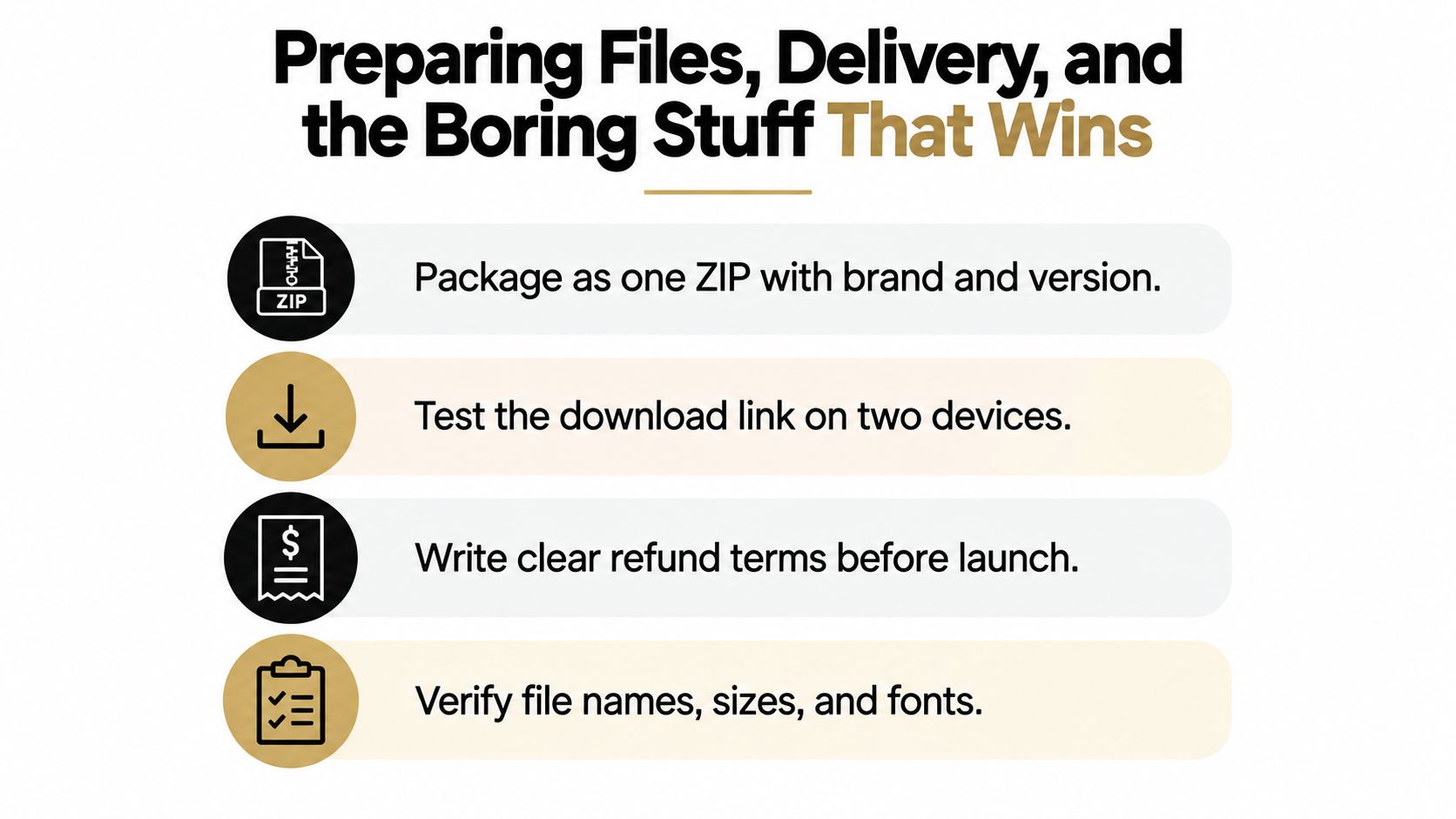 An infographic titled Preparing Files, Delivery, and the Boring Stuff That Wins with four professional tips.