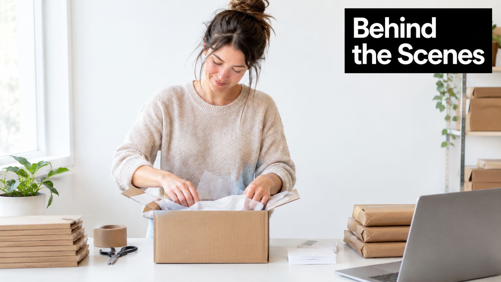 A woman wearing a beige sweater packing products into a cardboard shipping box at her workspace.