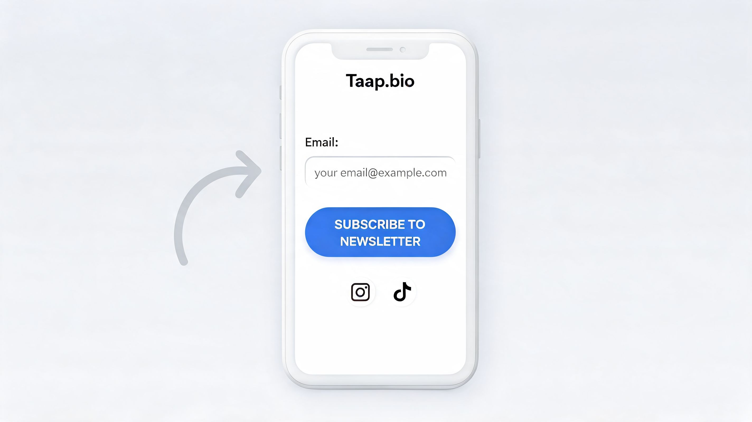 A smartphone screen displaying a Taap.bio landing page with an email newsletter subscription form and social media icons.