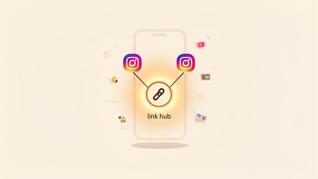 A smartphone displaying two Instagram logos connected to a central 'link hub' icon, indicating account linking.