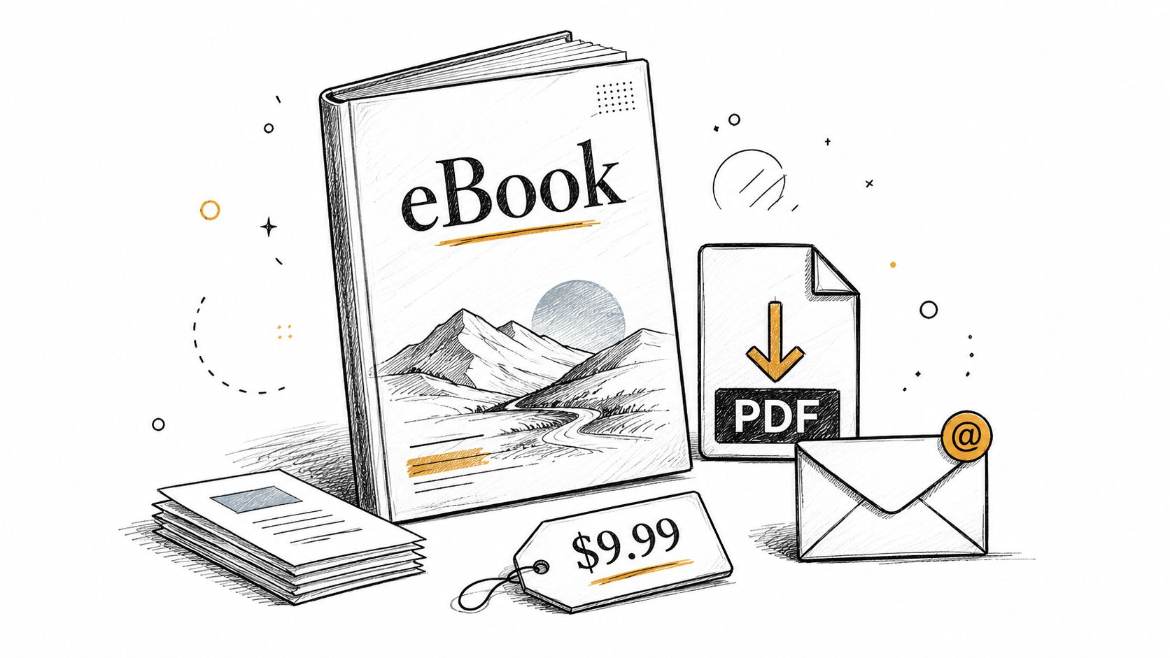 A hand-drawn illustration depicting an ebook, a PDF download icon, a price tag, and an email envelope.