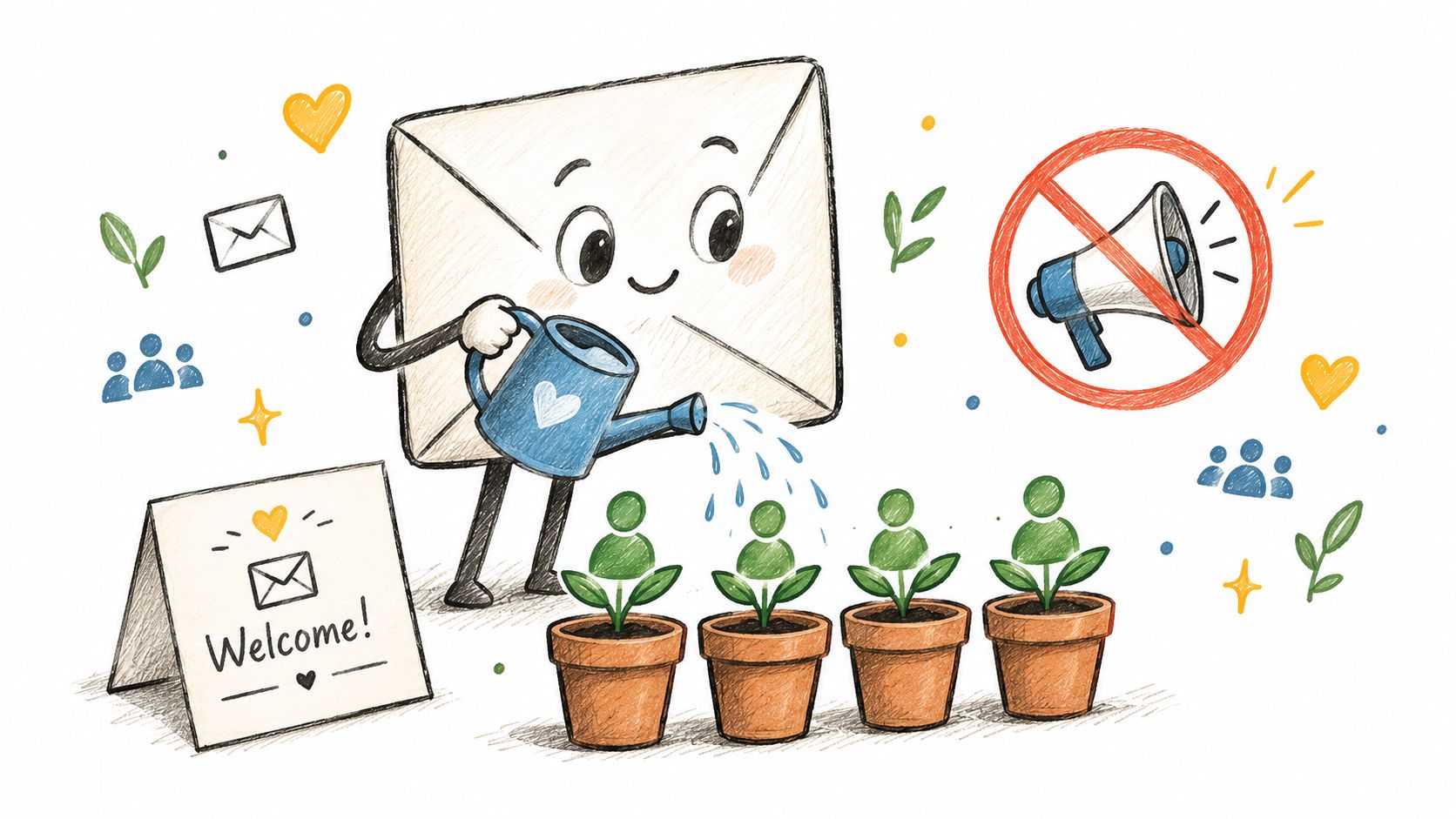 A cute cartoon envelope watering four small potted plants with green human-shaped leaves in a garden.