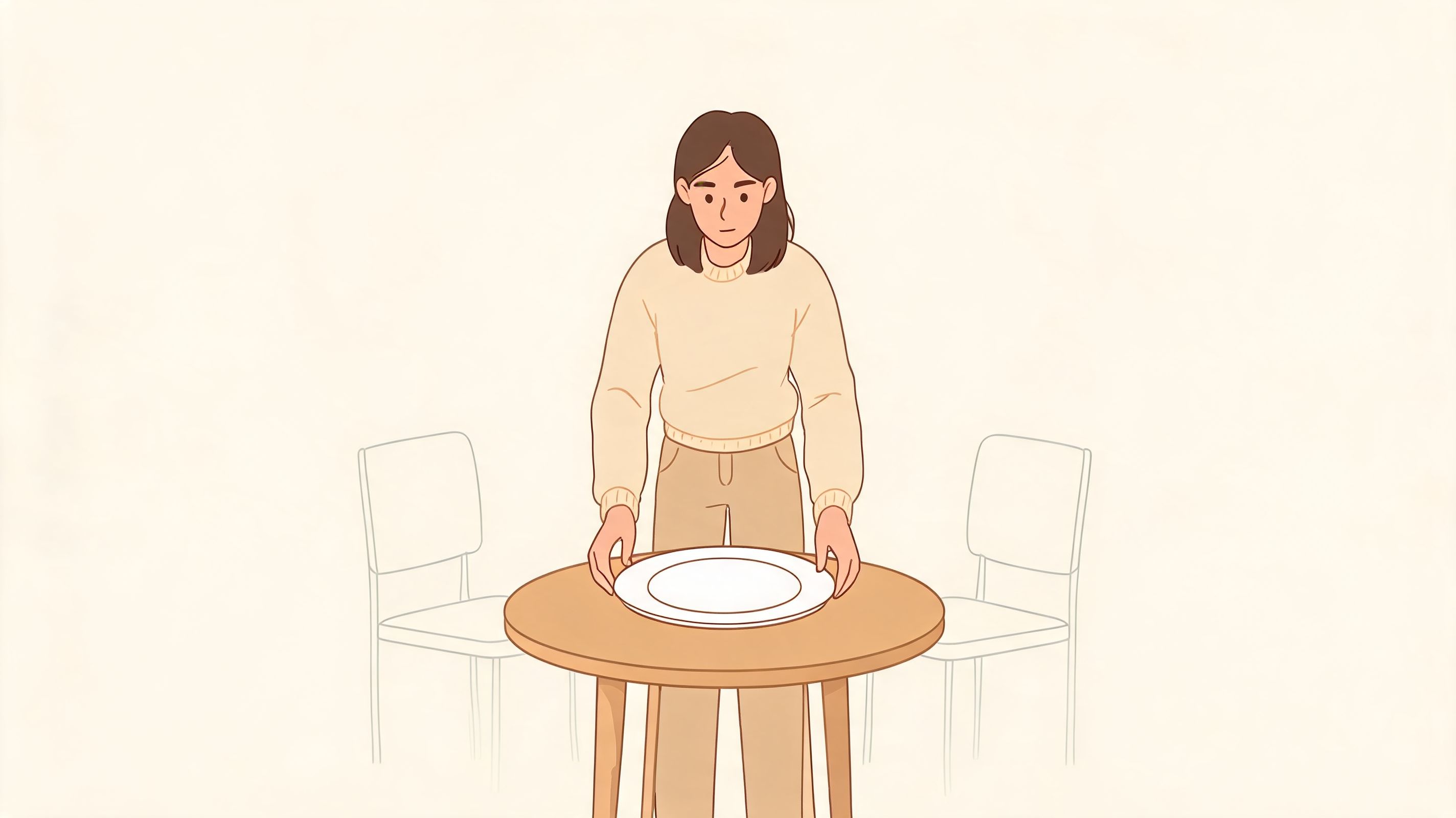 A woman stands behind a table placing a white plate down in a minimalist room