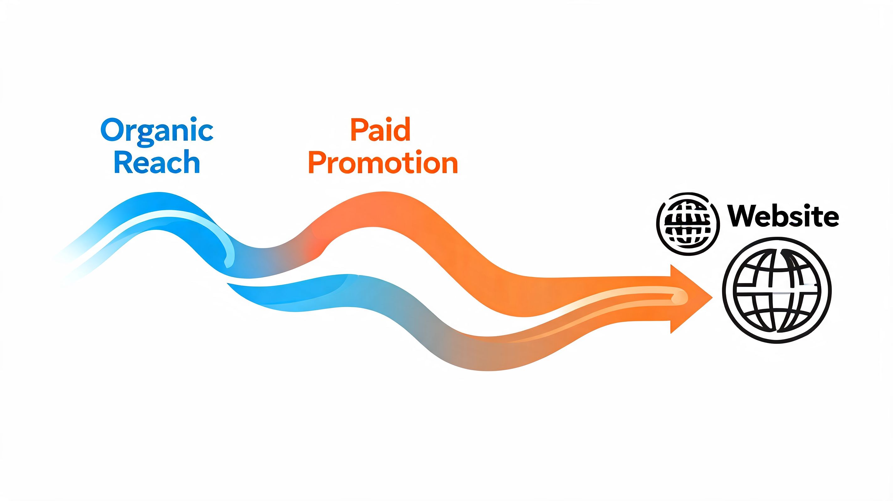 A graphic showing organic reach and paid promotion flows leading traffic into a website icon.