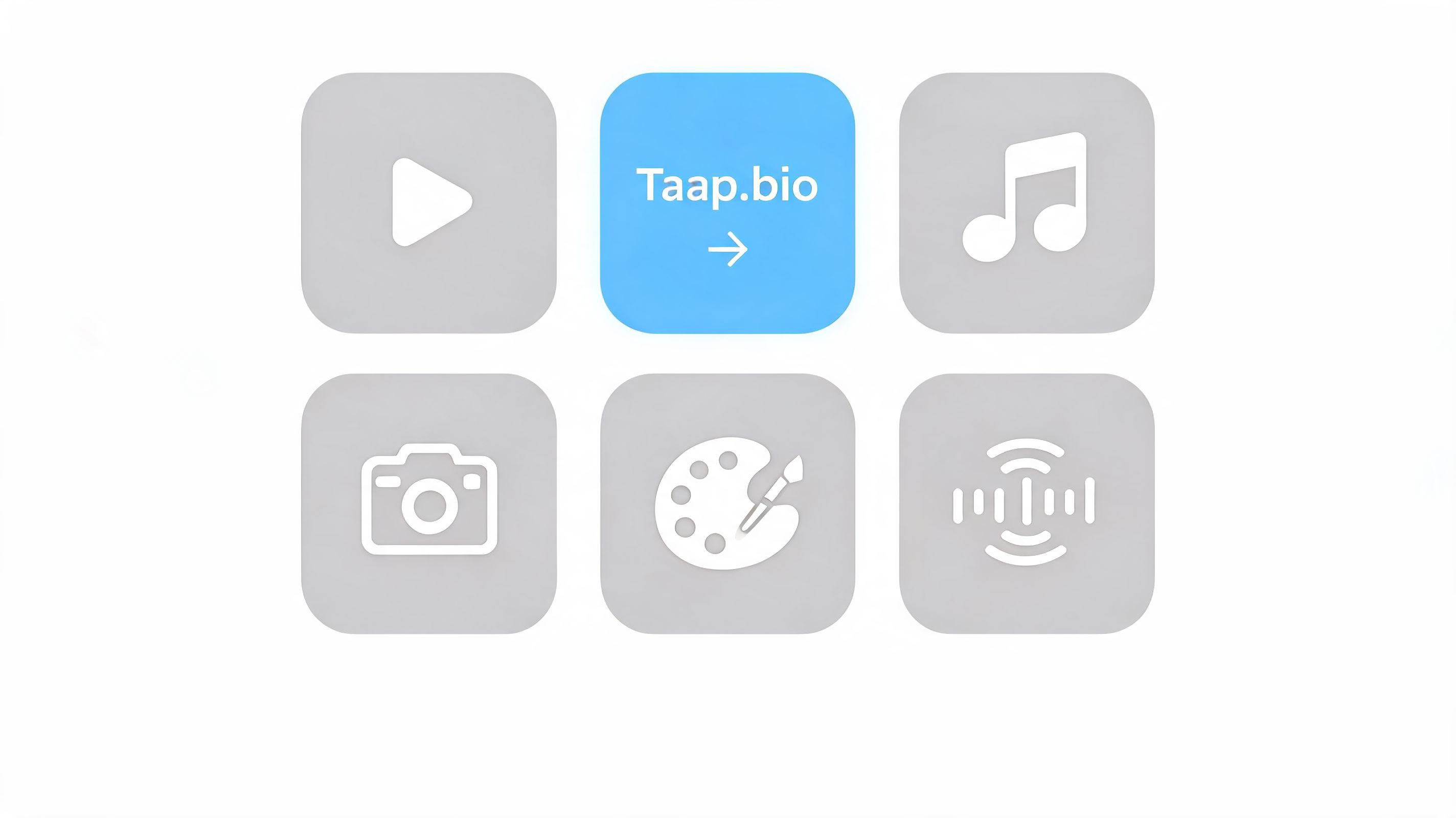 A grid of six app-style icons representing creative categories like video, music, photography, art, and design.