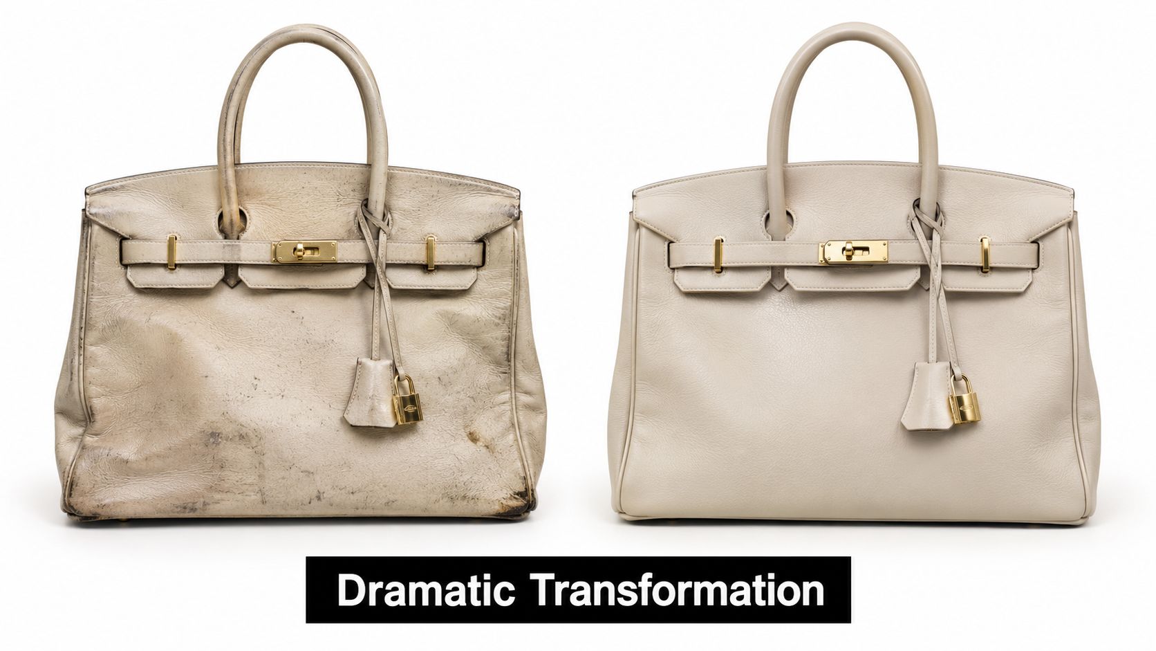 A side by side comparison showing a dirty worn handbag before and a clean restored handbag after.