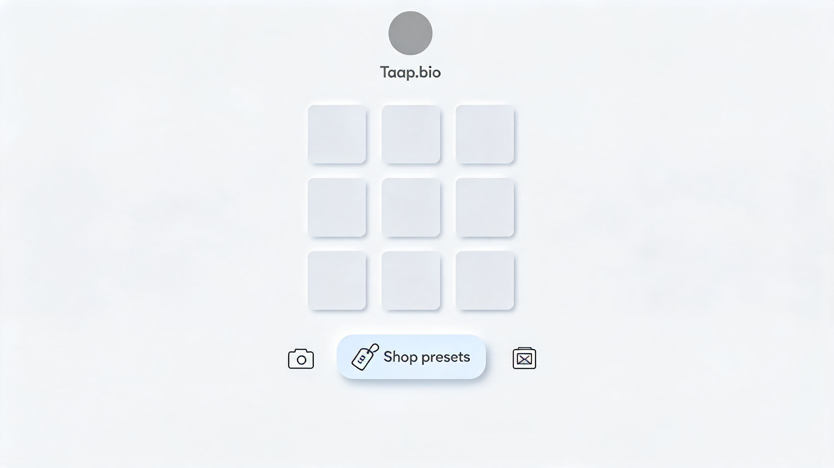 A minimalist digital profile page featuring a central user avatar, a grid layout, and a shop presets button.