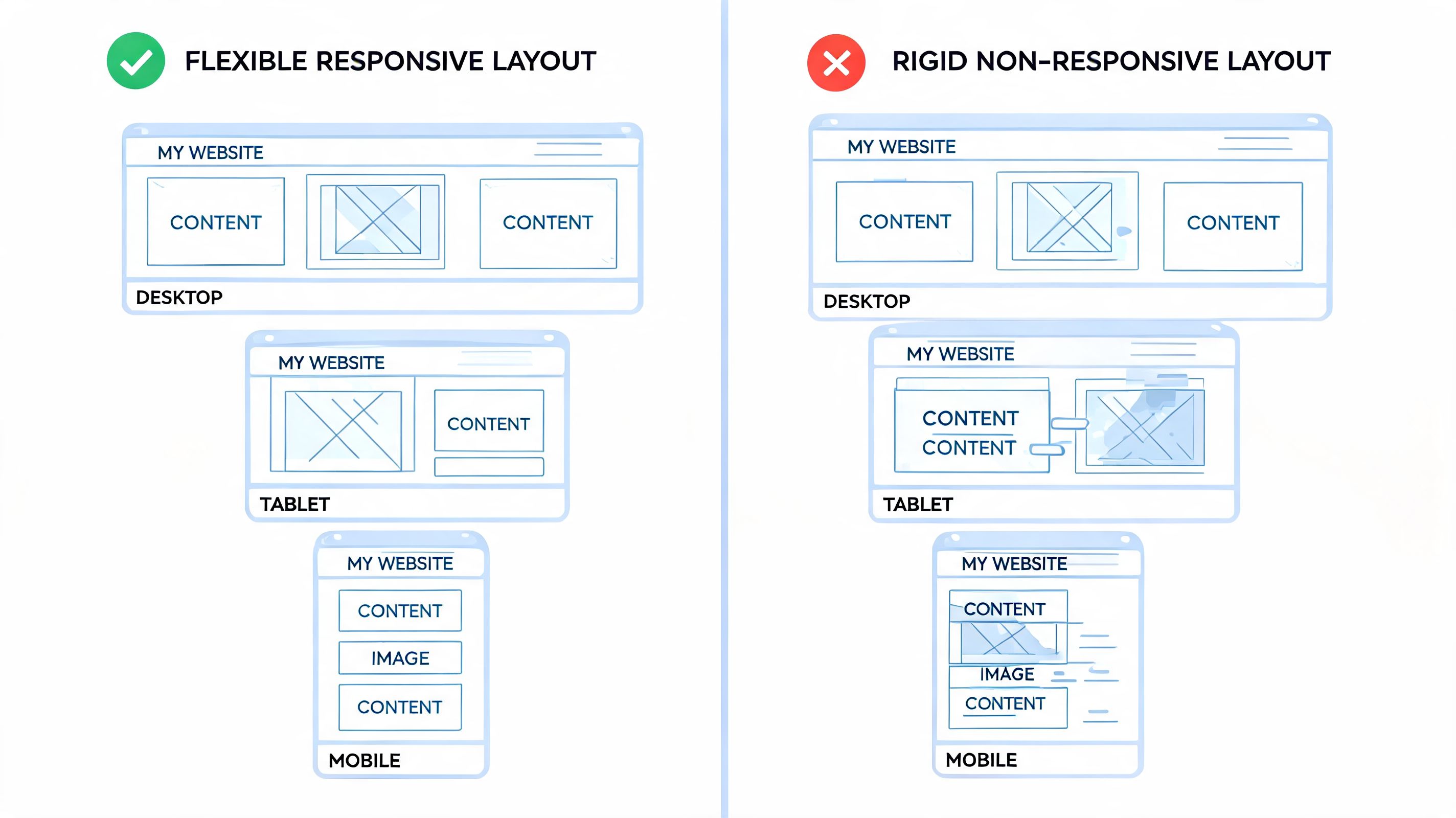 A comparison illustration showing responsive versus non-responsive website layouts across desktop, tablet, and mobile screen sizes.