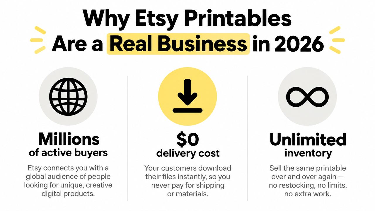 An infographic titled Why Etsy Printables Are a Real Business highlighting benefits like active buyers and unlimited inventory.
