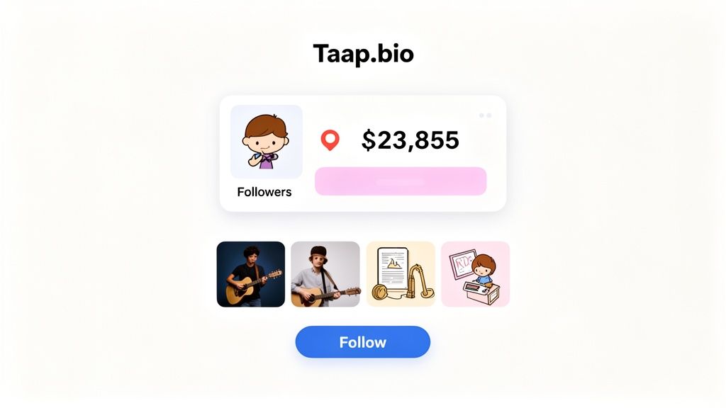 A Taap.bio profile page featuring a cartoon avatar, follower count, and a $23,855 amount, with a 'Follow' button.