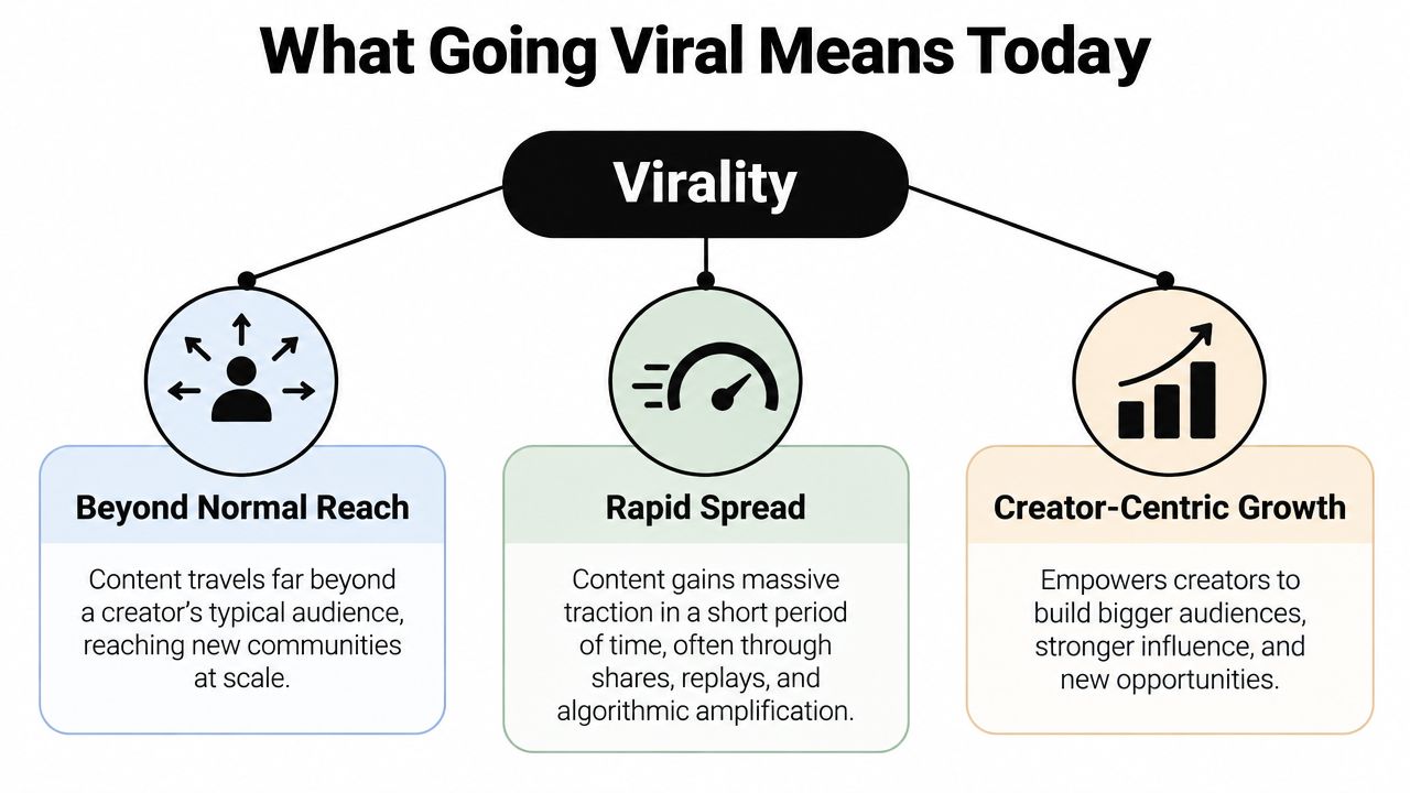 An infographic titled What Going Viral Means Today, illustrating three key concepts: Beyond Normal Reach, Rapid Spread, and Creator-Centric Growth.