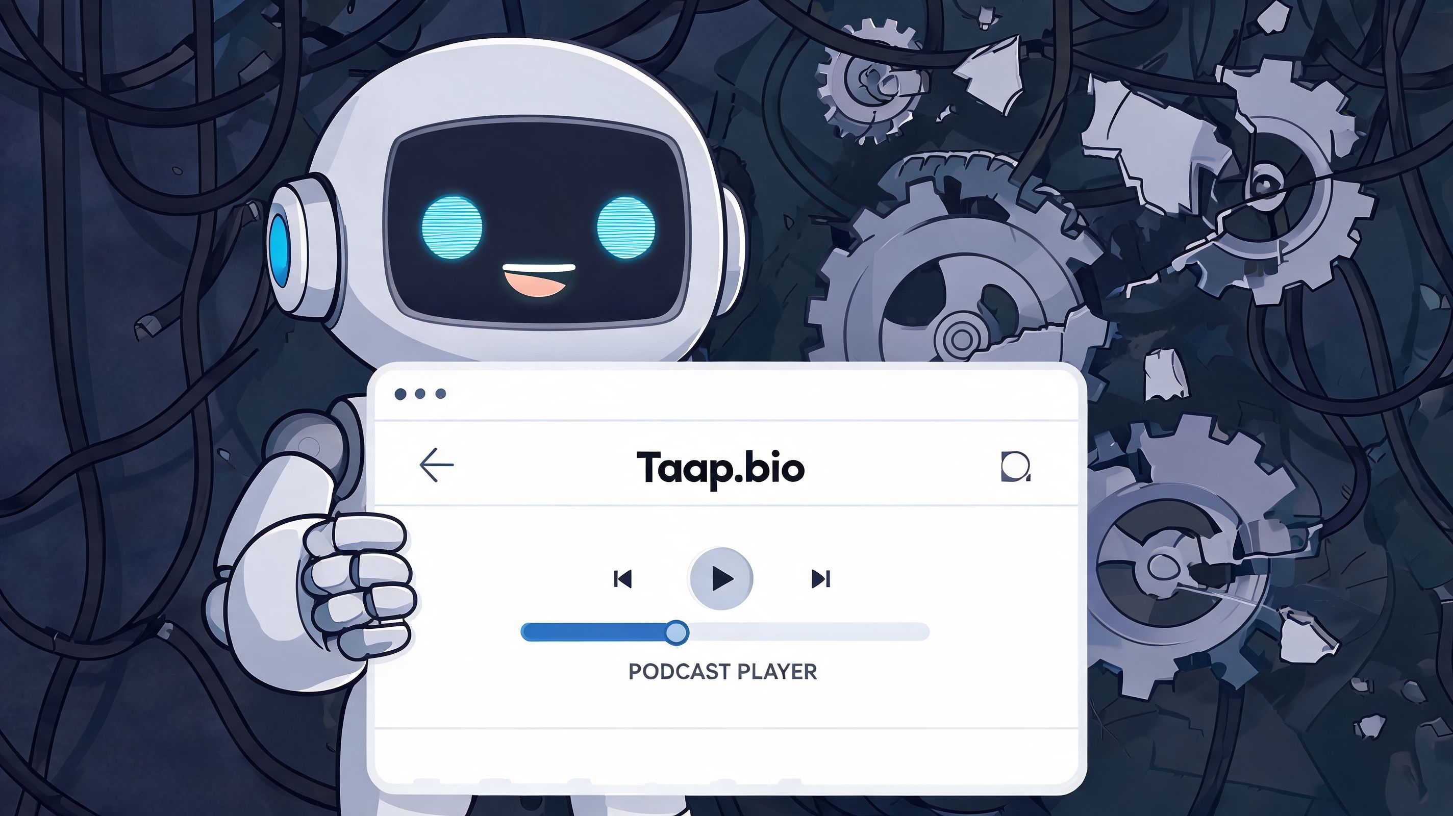 A friendly cartoon robot presenting a podcast player interface with the website name Taap.bio displayed prominently.