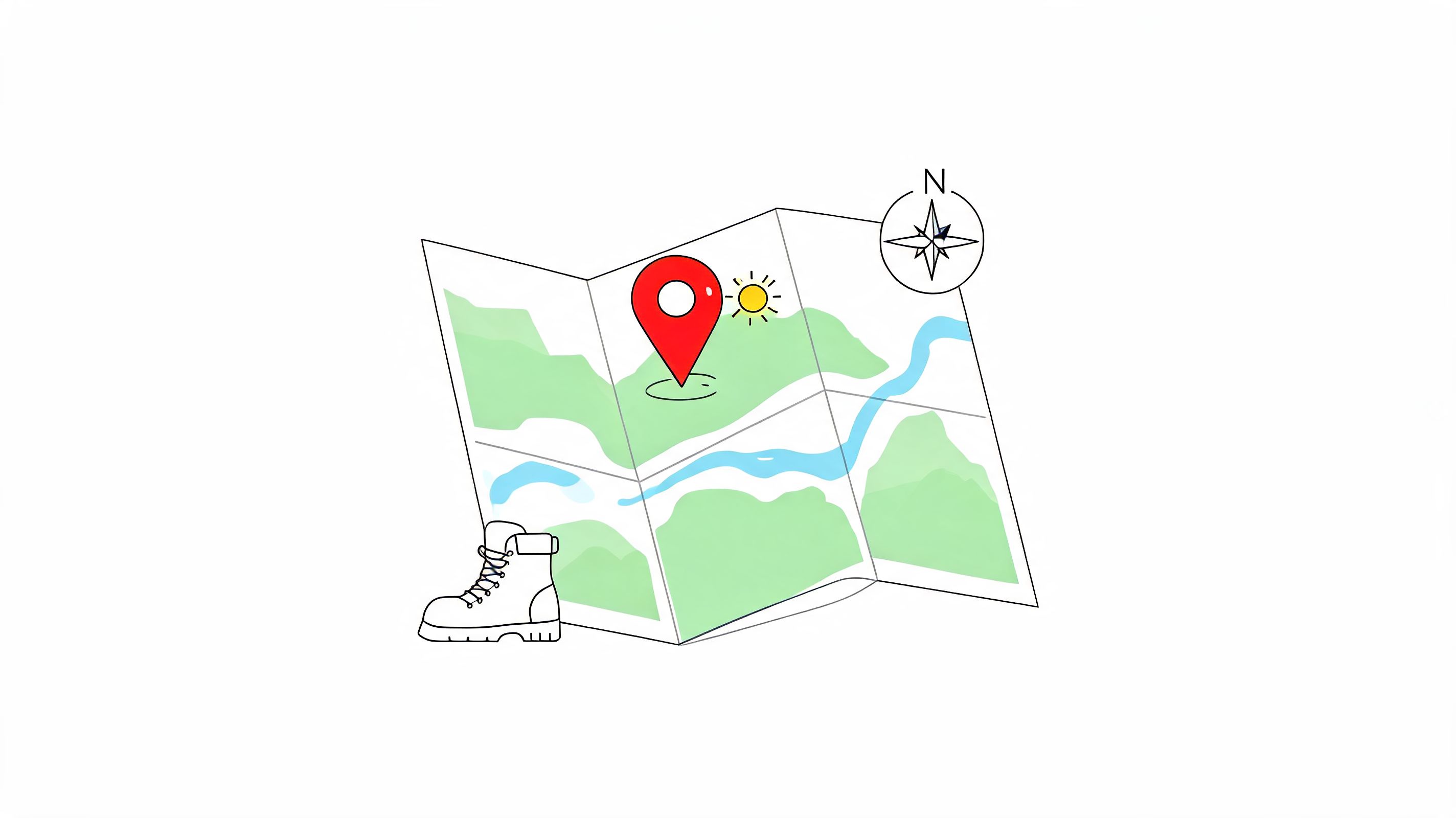 A simple line drawing of a folded map with a red location pin, sun, and hiking boot.