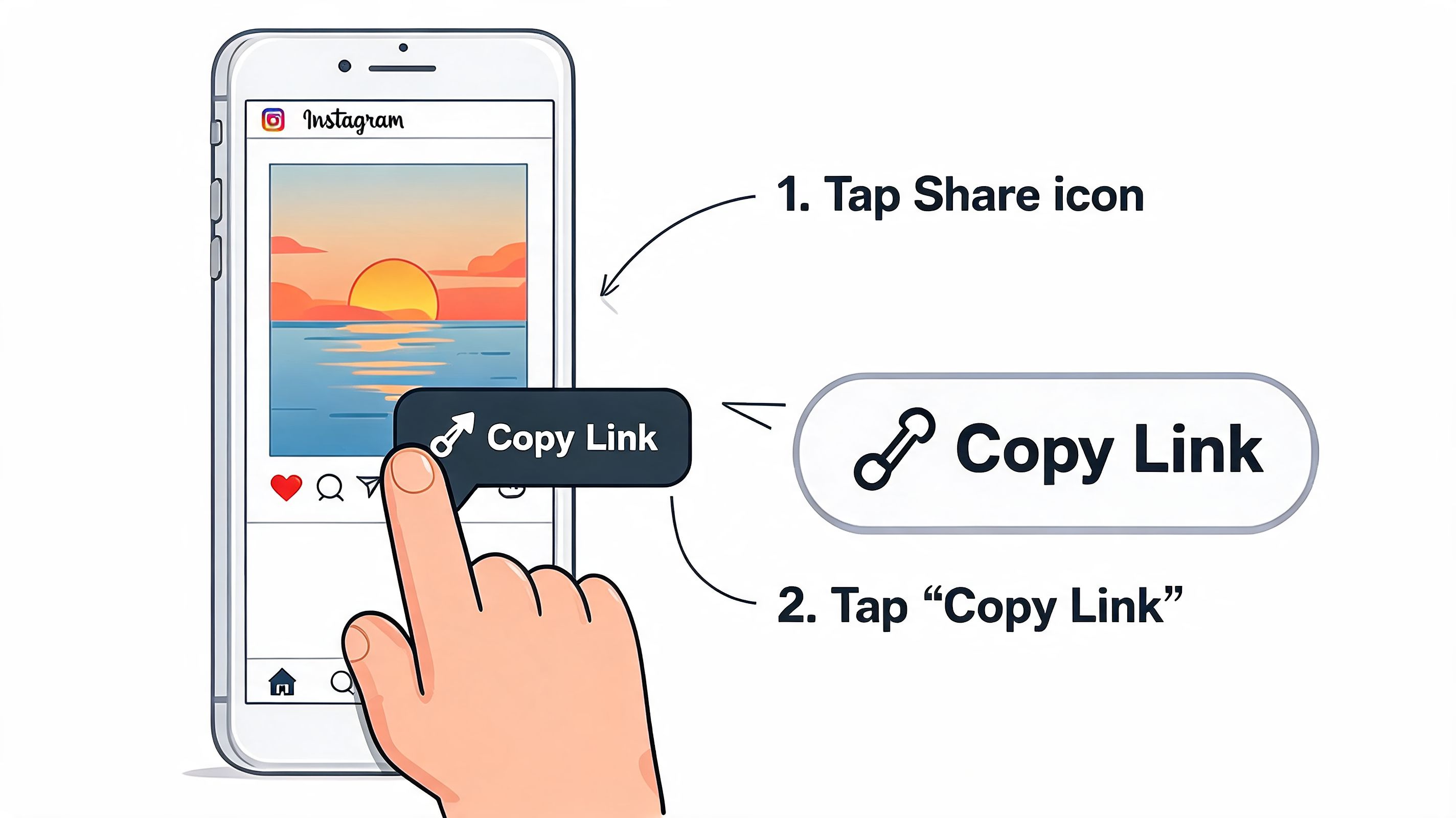 A hand tapping the share icon and copy link button on an Instagram post on a smartphone screen.