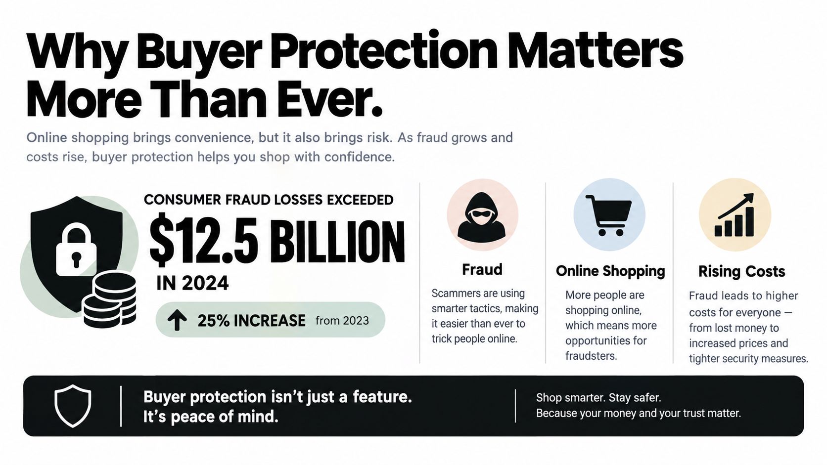 An infographic showing that consumer fraud losses surpassed 12.5 billion dollars in 2024, highlighting the importance of buyer protection.
