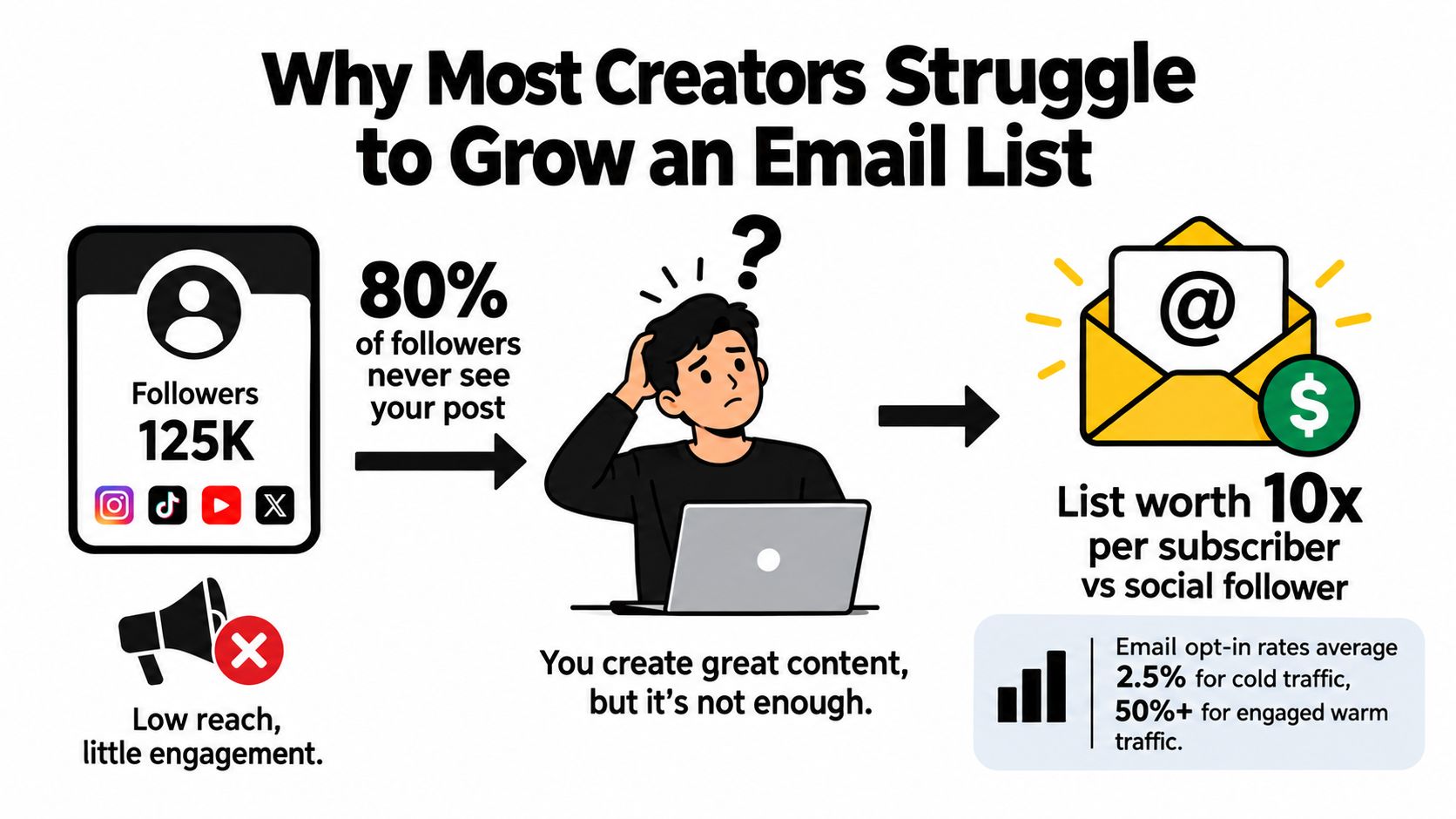 An infographic showing why creators struggle to build email lists despite having a large social media following.