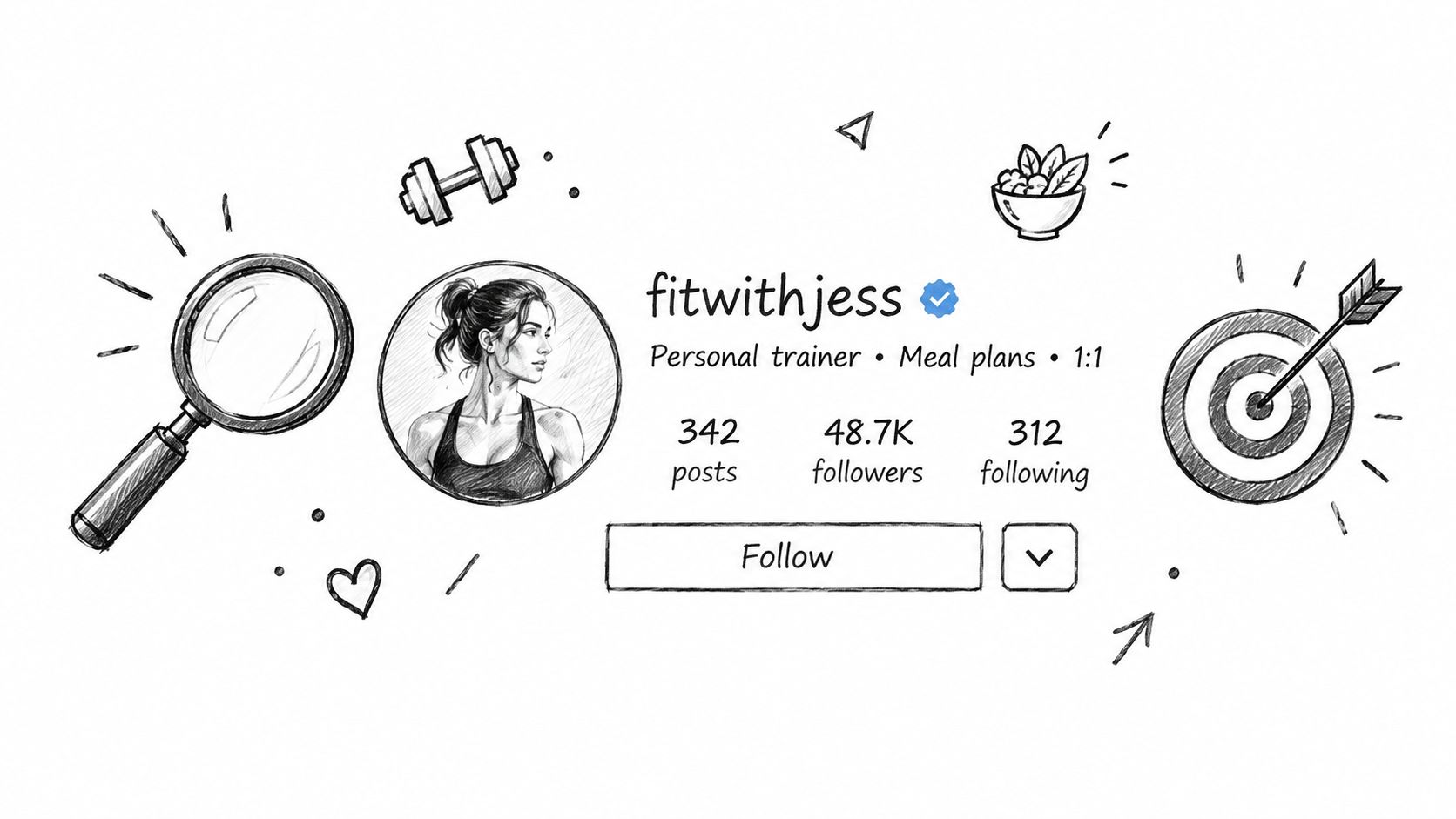 A hand-drawn illustration of an Instagram profile page for a fitness coach named FitWithJess on white.