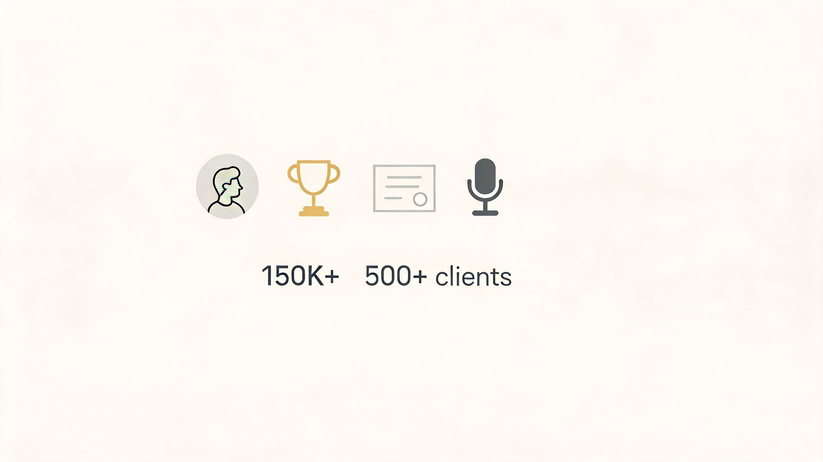 A minimalist graphic showcasing business achievements with icons for users, awards, certificates, and media mentions.
