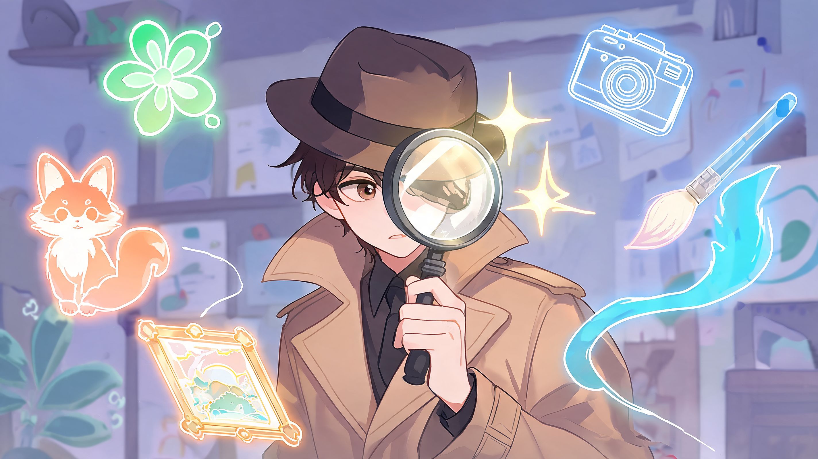 An anime detective holding a magnifying glass surrounded by glowing neon icons like a camera and fox.