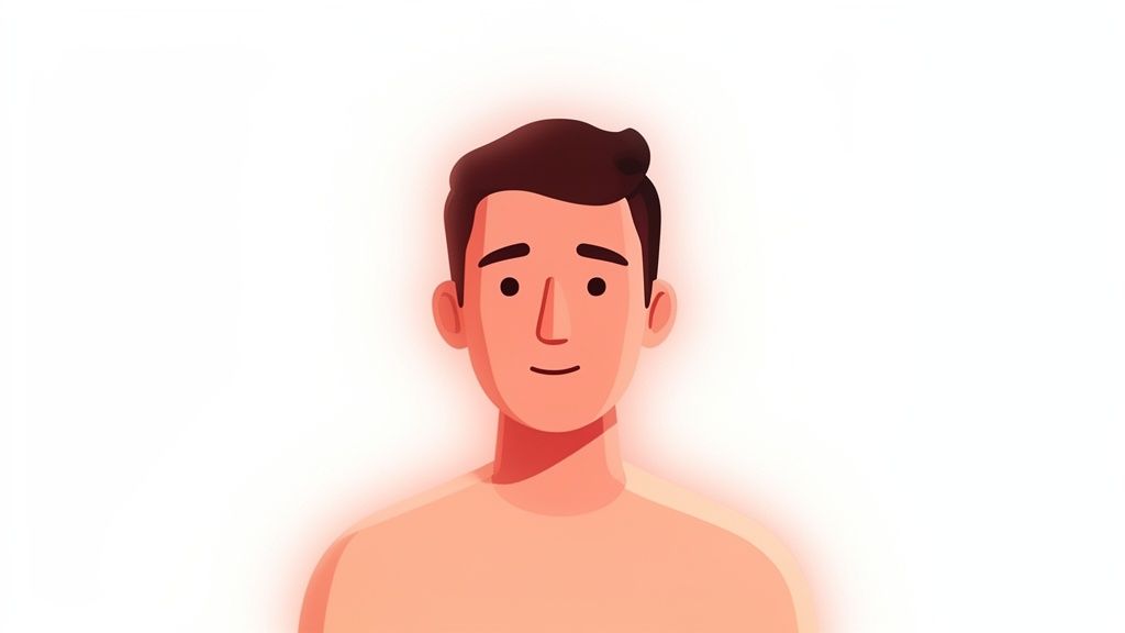 An illustrated portrait of a smiling man with brown hair and fair skin, glowing with a red aura.