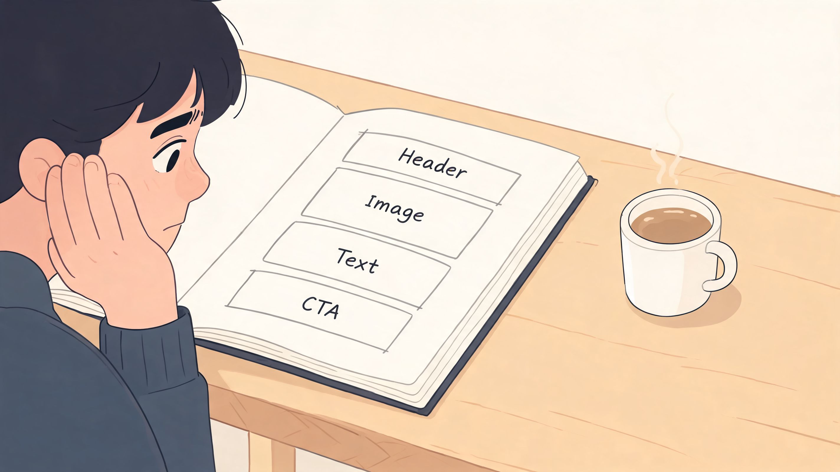 A young person studying a book illustrating the structural layout of a custom landing page design.