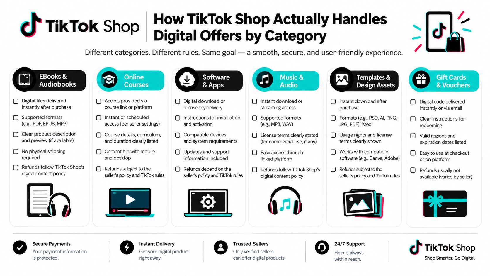 An infographic detailing how TikTok Shop manages various digital products across different categories like eBooks and courses.