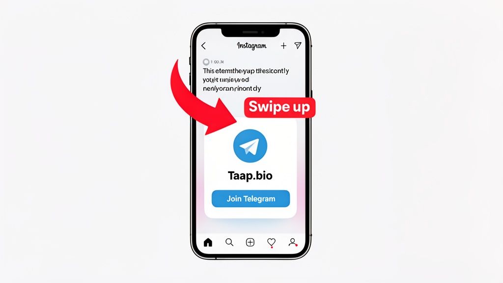 A smartphone displaying an Instagram post with a red arrow pointing to 'Swipe up' for Taap.bio and 'Join Telegram'.