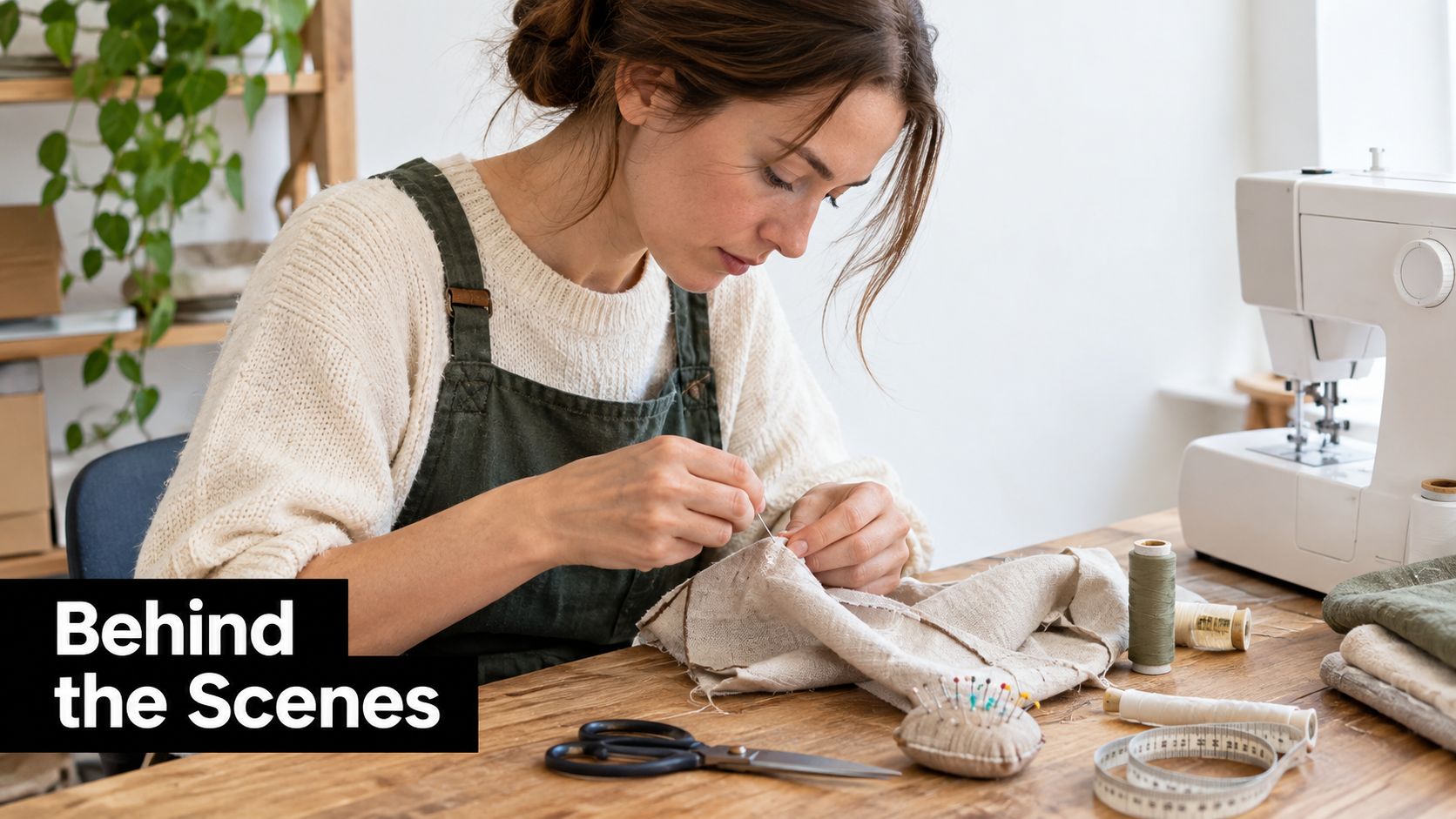 A woman wearing an apron focused on hand sewing fabric in her bright, creative workspace studio.