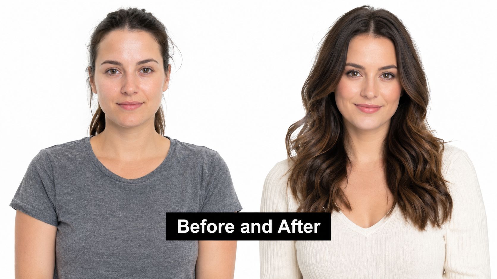 A split image showing a woman before and after a professional hair and makeup makeover session.