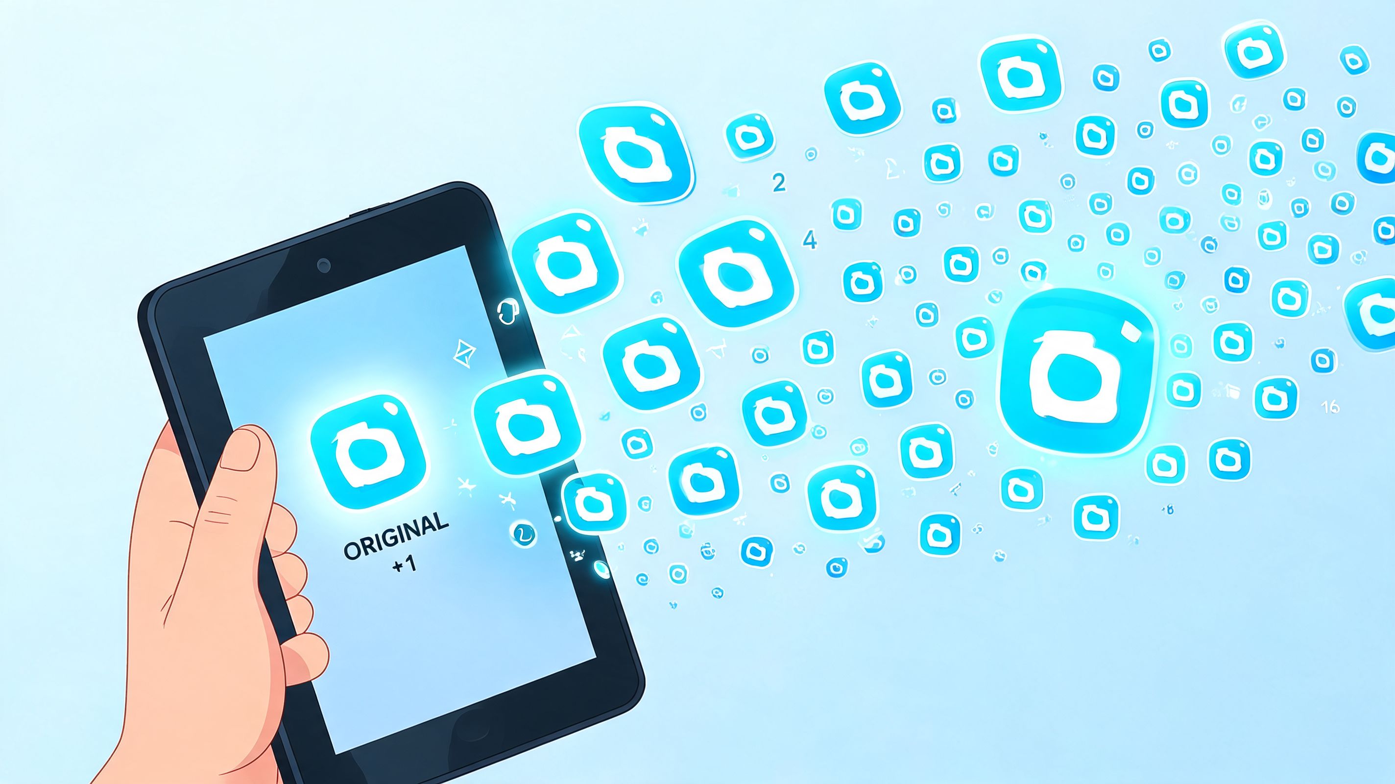A hand holding a digital tablet with numerous app icons floating out into the air.