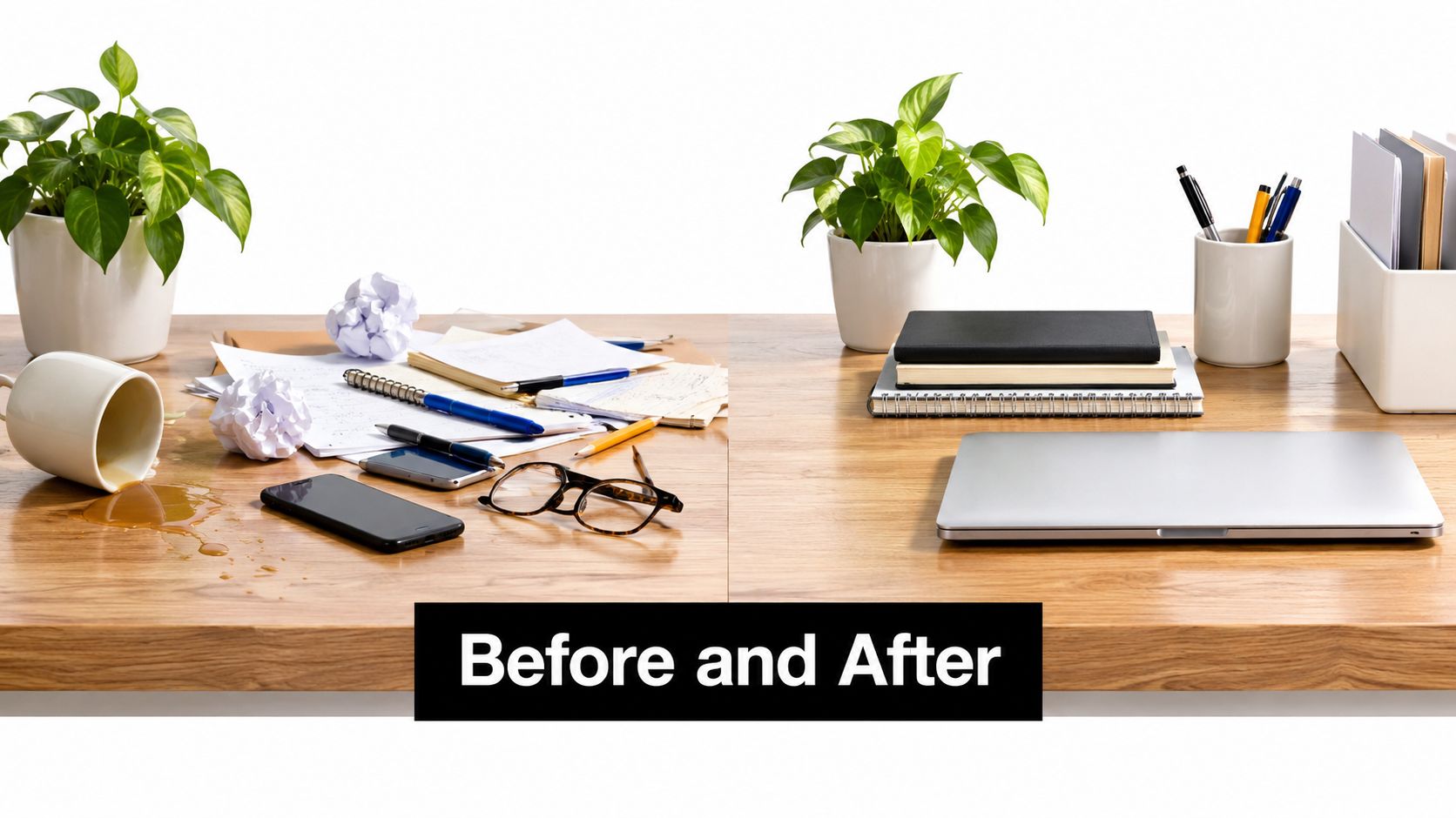 A split image showing a messy workspace on the left and an organized clean desk on the right.