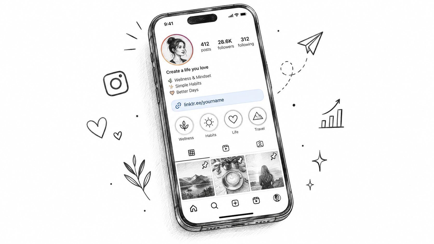 A digital illustration of a smartphone screen showing an Instagram profile interface with sketch-style graphics.