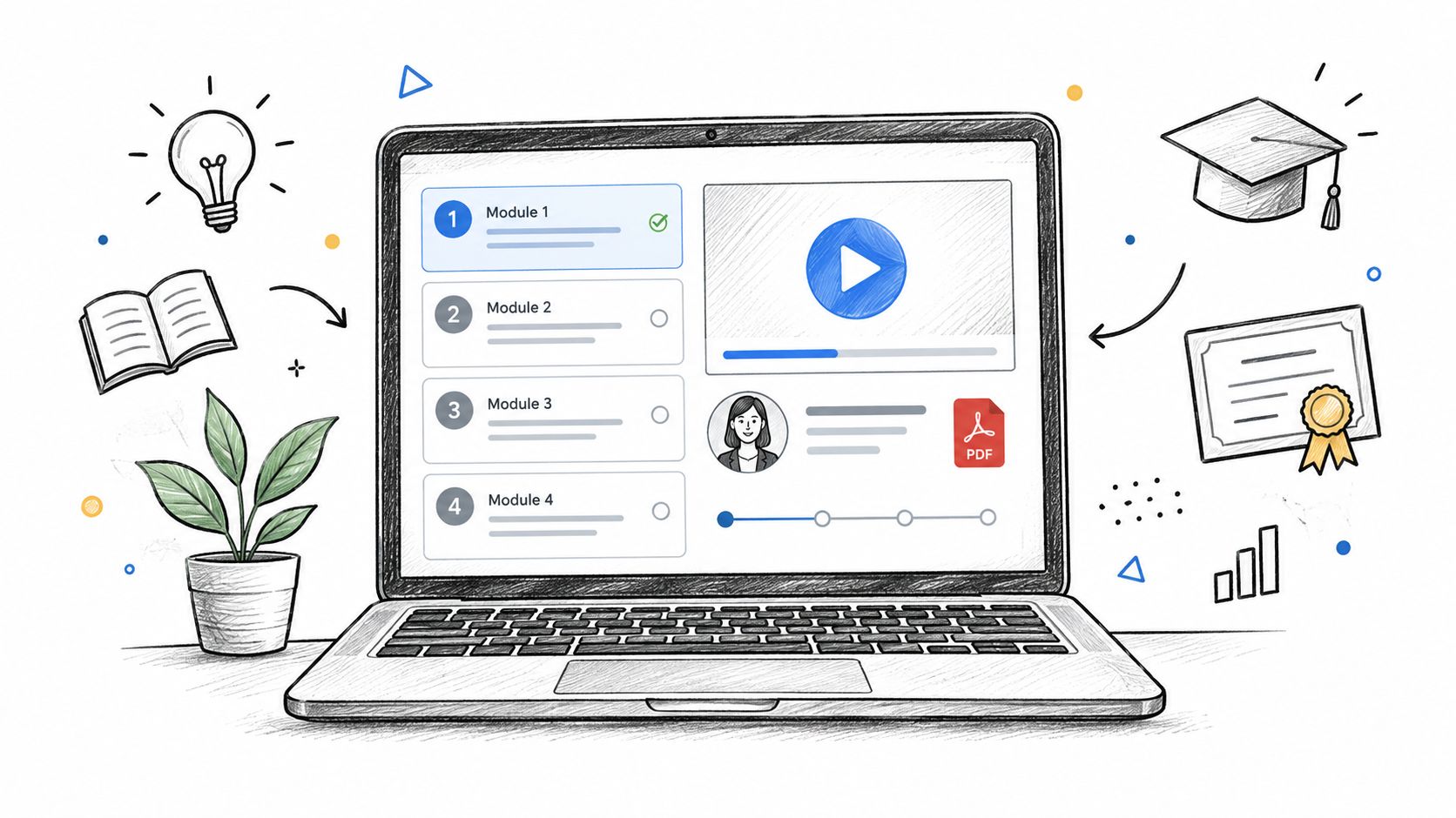 A hand-drawn illustration of a laptop displaying an online course with video modules and educational icons.